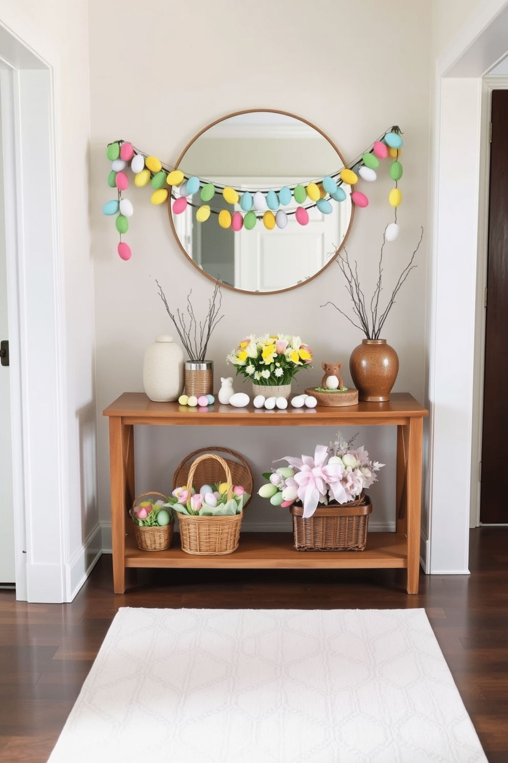 A charming entryway adorned with a vibrant Easter egg garland that drapes gracefully across the top of a wooden console table. Below the garland, a collection of decorative baskets filled with pastel-colored eggs and fresh flowers adds a festive touch to the space. The walls are painted in a soft, welcoming hue, complemented by a round mirror that reflects the cheerful decorations. A cozy runner rug in light colors leads guests into the home, enhancing the inviting atmosphere of the Easter celebration.