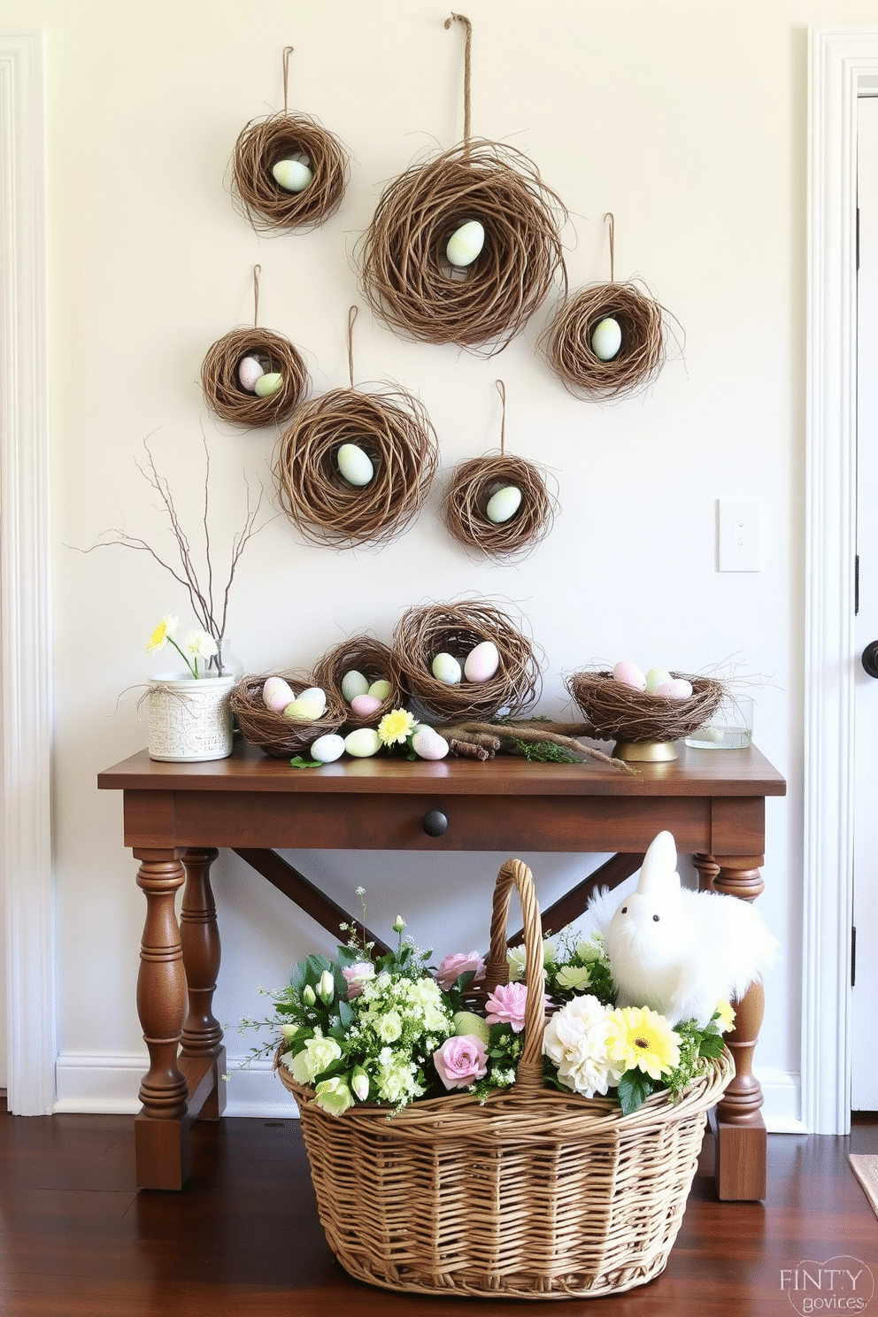 A charming entryway adorned with decorative bird nests. The nests, crafted from natural materials, are artfully arranged on a rustic wooden console table, surrounded by soft pastel-colored Easter eggs and fresh spring flowers. The walls are painted in a light, airy hue, enhancing the welcoming atmosphere. A woven basket filled with seasonal blooms sits at the foot of the table, inviting guests to embrace the festive spirit of Easter.