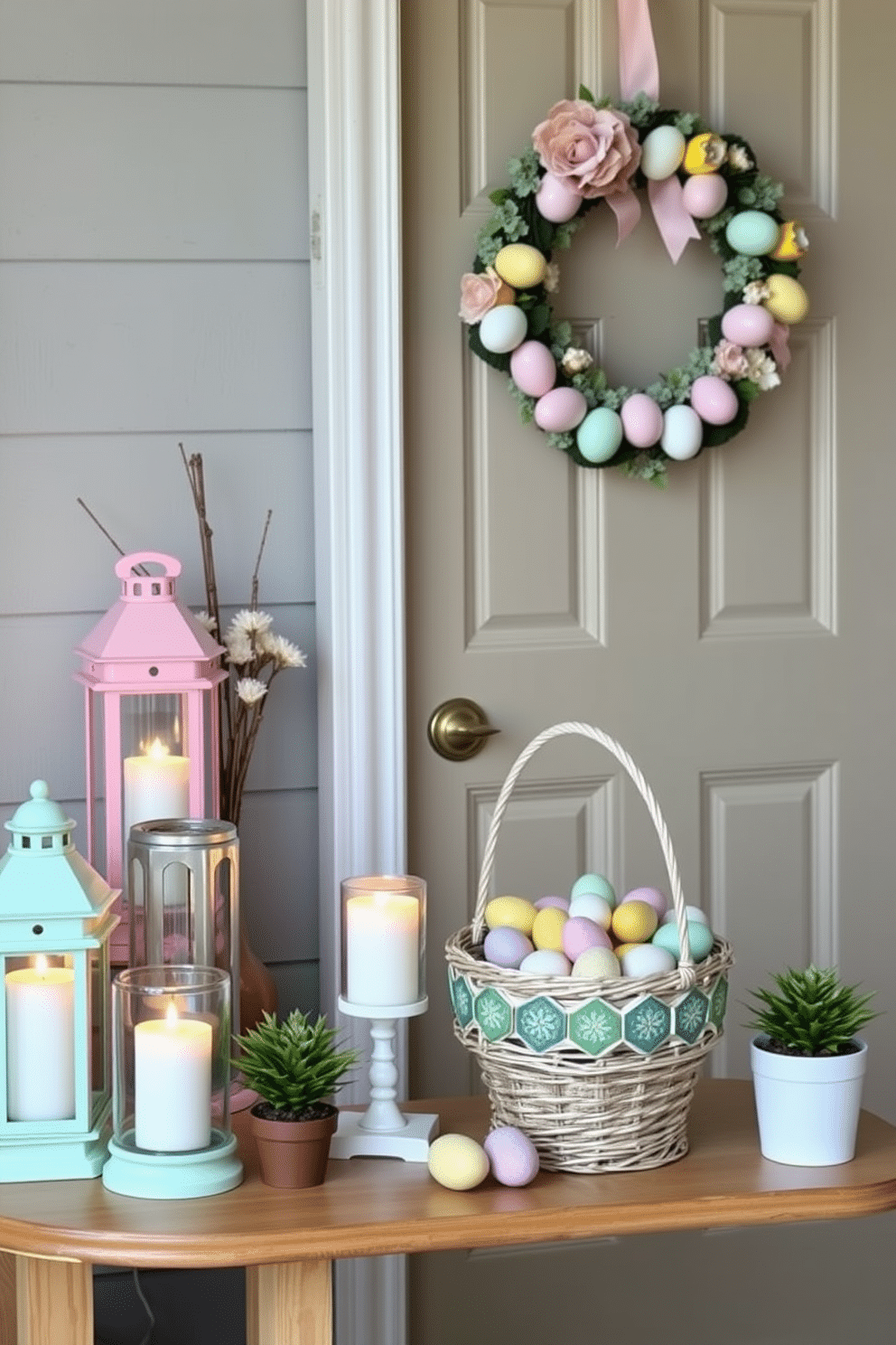 Pastel lanterns with candles are arranged along a charming entryway table, creating a warm and inviting atmosphere. The soft hues of pink, blue, and yellow lanterns complement the natural wood of the table, while flickering candlelight adds a cozy glow. Easter decorations adorn the entryway, featuring a beautiful wreath made of pastel-colored eggs and fresh flowers on the door. A decorative basket filled with colorful eggs sits on the table, surrounded by small potted plants to enhance the festive spirit.