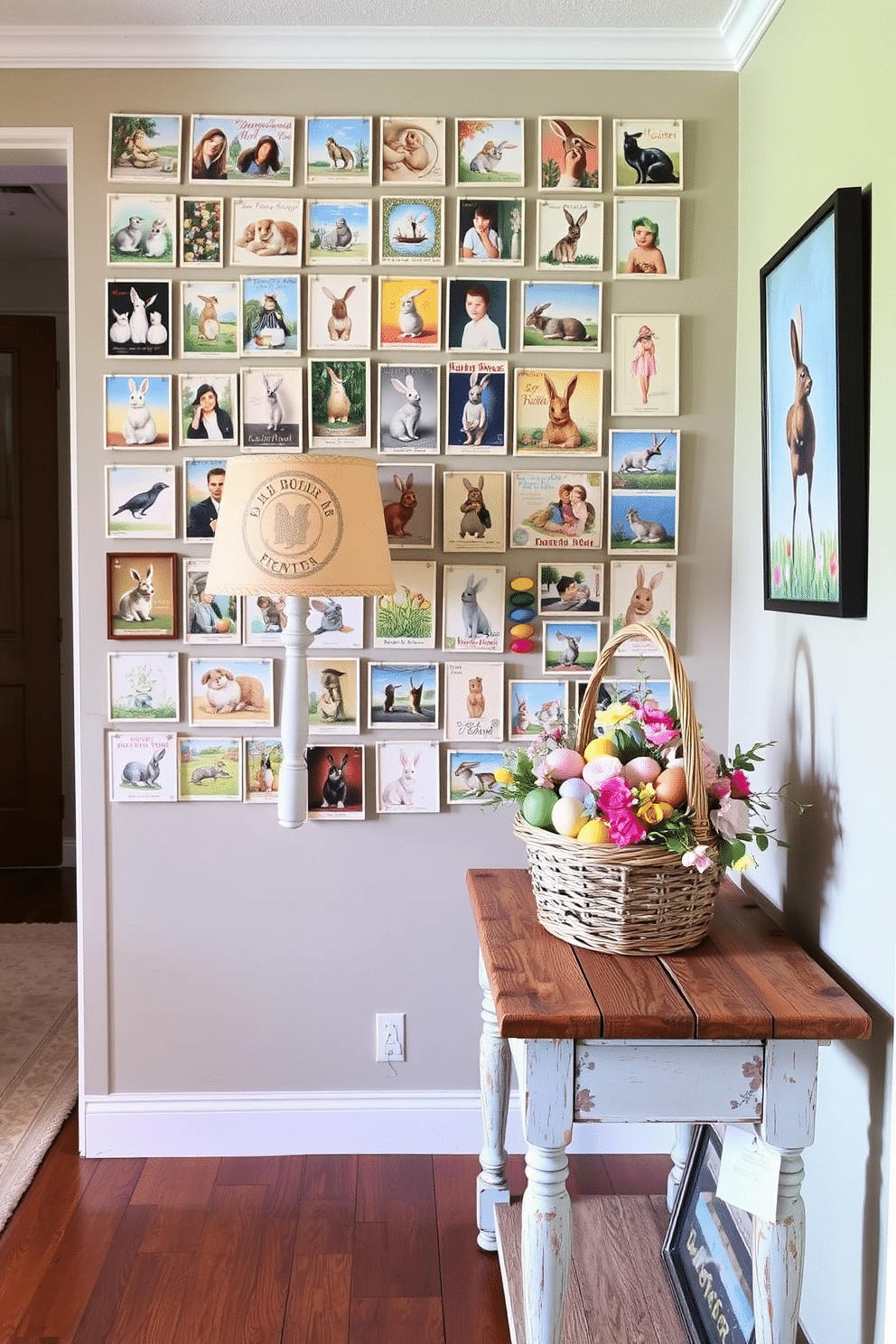 A charming entryway adorned with vintage Easter postcards, showcasing pastel colors and whimsical designs. The walls are lined with a gallery of framed postcards, while a rustic wooden console table holds a decorative basket filled with colorful eggs and spring flowers.