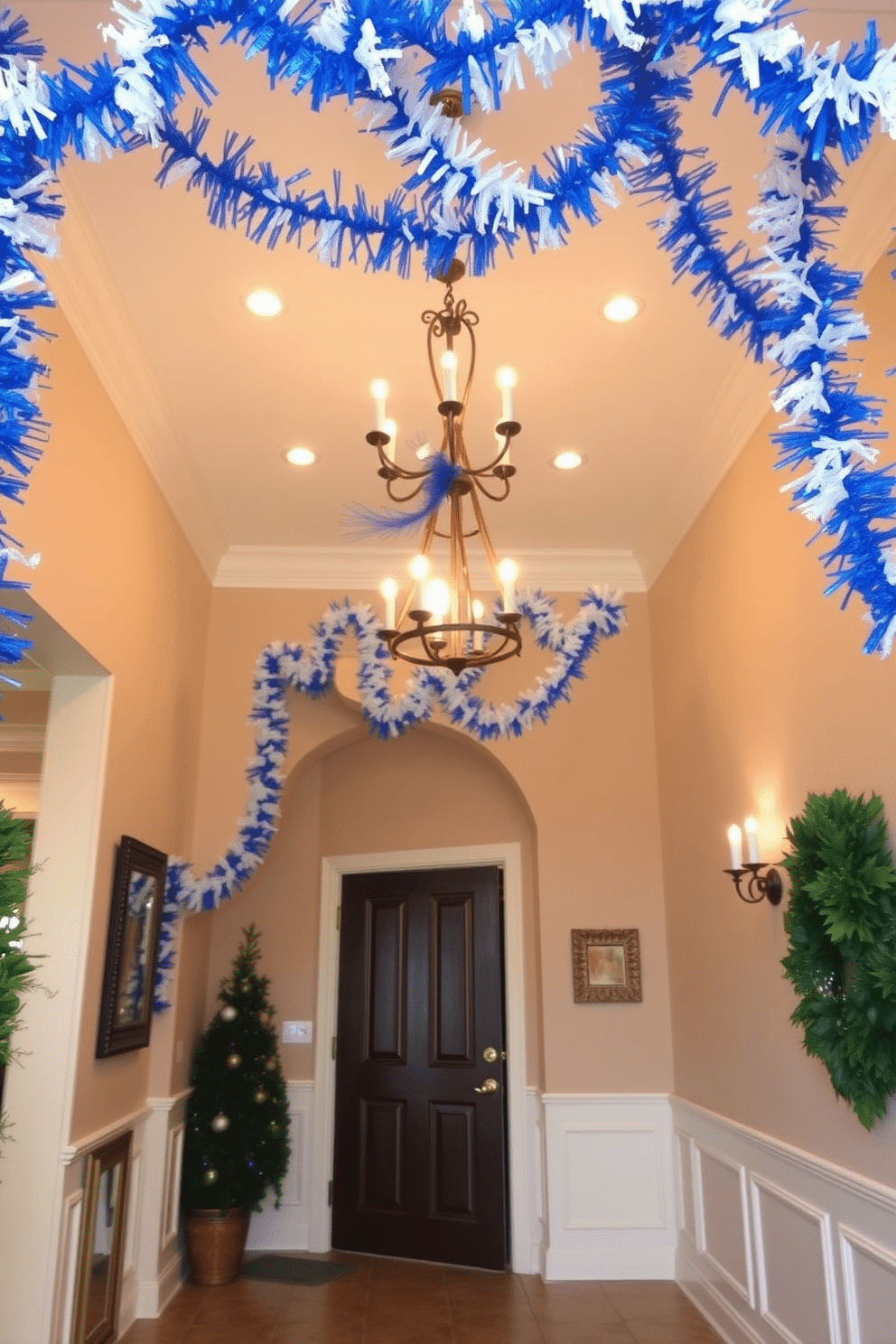 A festive entryway adorned with blue and white garlands draping elegantly from the ceiling. The walls are decorated with subtle Hanukkah-themed accents, creating a warm and inviting atmosphere for holiday celebrations.