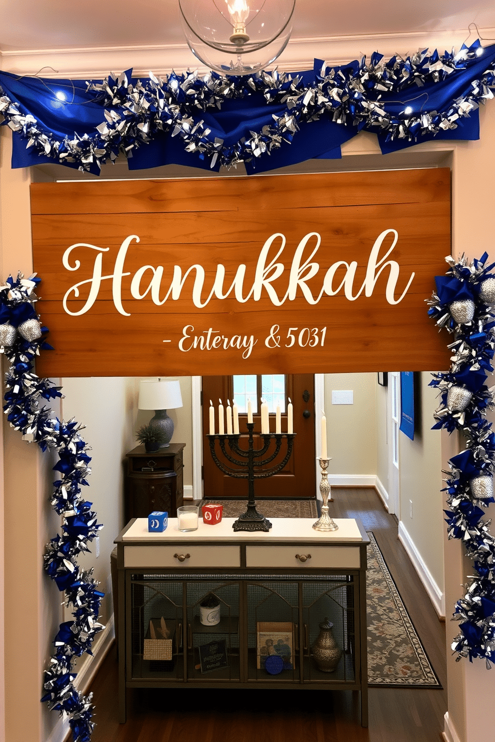 A personalized Hanukkah greeting sign is displayed prominently at the entryway, crafted from reclaimed wood and adorned with elegant white lettering. Surrounding the sign are festive decorations, including blue and silver garlands, creating a warm and inviting atmosphere for guests. In the entryway, a beautifully arranged menorah sits atop a console table, flanked by decorative dreidels and shimmering candles. The walls are draped with vibrant blue banners, while soft white lights twinkle overhead, enhancing the festive spirit of the season.