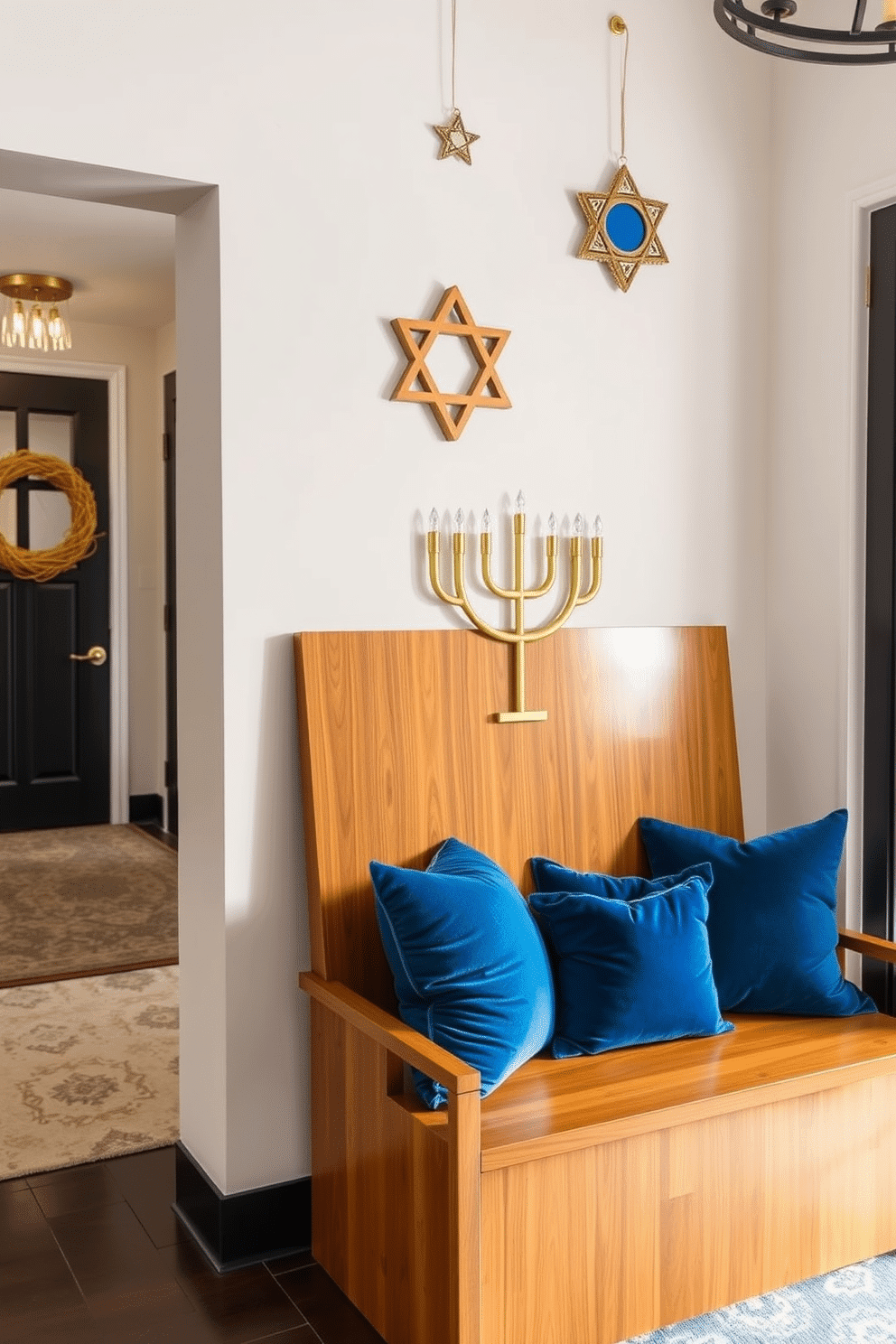 A stylish entryway features a sleek wooden bench adorned with plush blue velvet cushions, inviting guests to sit and relax. The walls are decorated with festive Hanukkah-themed ornaments, creating a warm and welcoming atmosphere.