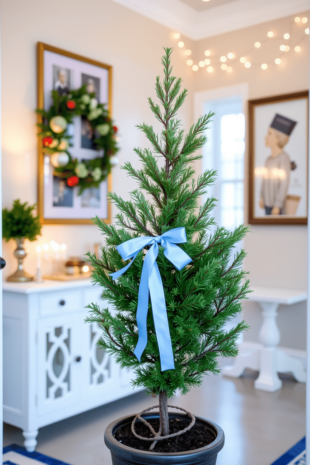 A charming entryway featuring a small potted evergreen adorned with a delicate blue ribbon. The space is enhanced with subtle Hanukkah decorations, including a menorah on a console table and twinkling string lights overhead.