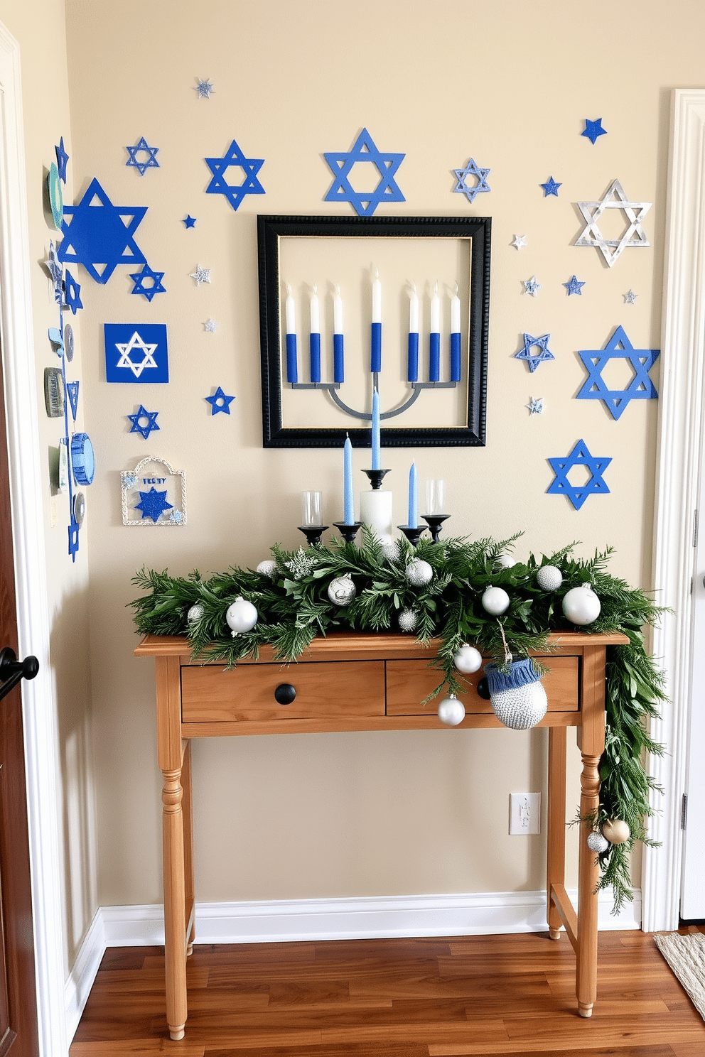 A cozy entryway adorned with DIY Hanukkah-themed wall art. The walls are decorated with handmade paper cutouts in blue and silver, featuring stars and menorahs, creating a festive atmosphere. A welcoming console table is positioned against the wall, topped with a beautiful arrangement of blue and white candles. A garland of fresh greenery and silver ornaments drapes elegantly across the table, enhancing the holiday spirit.