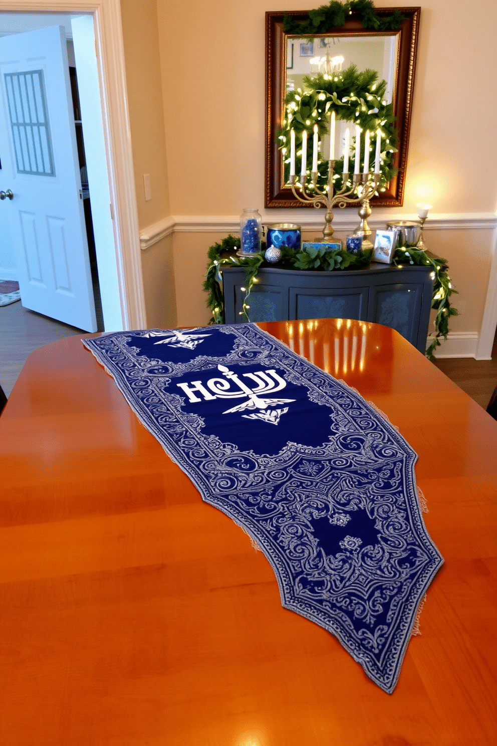 An elegant table runner adorned with a menorah design cascades gracefully over a polished wooden dining table. Soft, ambient lighting highlights the intricate patterns, creating a warm and inviting atmosphere for festive gatherings. In the entryway, a beautifully decorated Hanukkah display features a menorah positioned on a console table, surrounded by shimmering blue and silver accents. Fresh greenery and twinkling fairy lights enhance the welcoming feel, setting the tone for celebration and joy.