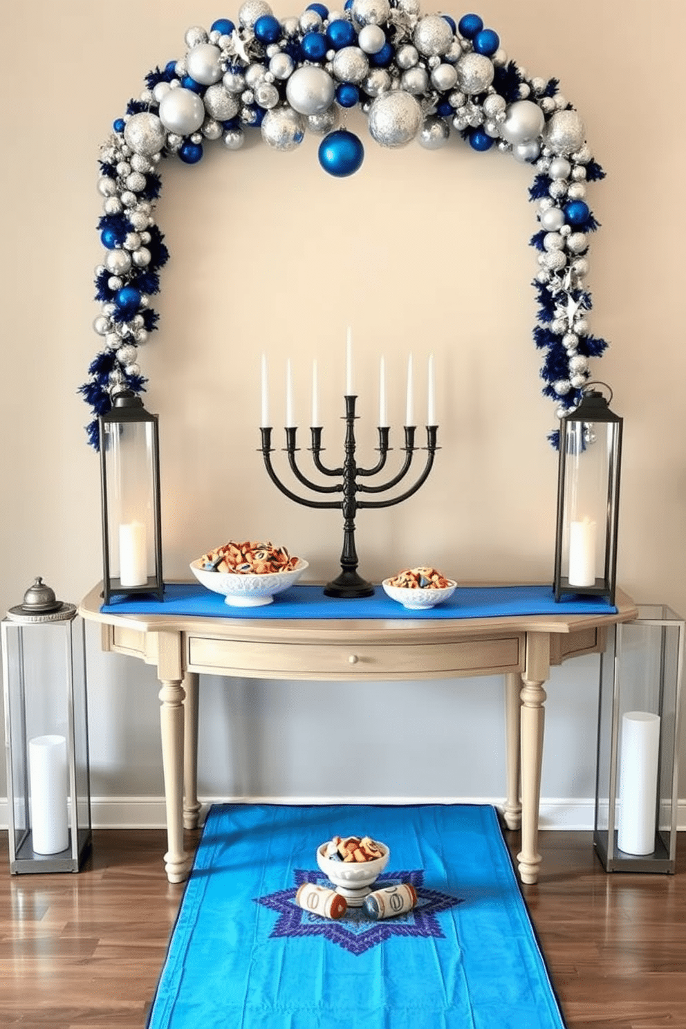 A festive entryway adorned for Hanukkah features a console table draped with a vibrant blue table runner. On the table, decorative bowls filled with colorful gelt and spinning dreidels create a playful yet elegant display. Flanking the console are tall, frosted glass lanterns that emit a warm glow, enhancing the welcoming atmosphere. A garland of silver and blue ornaments is hung above the table, adding a touch of sparkle to the festive decor.