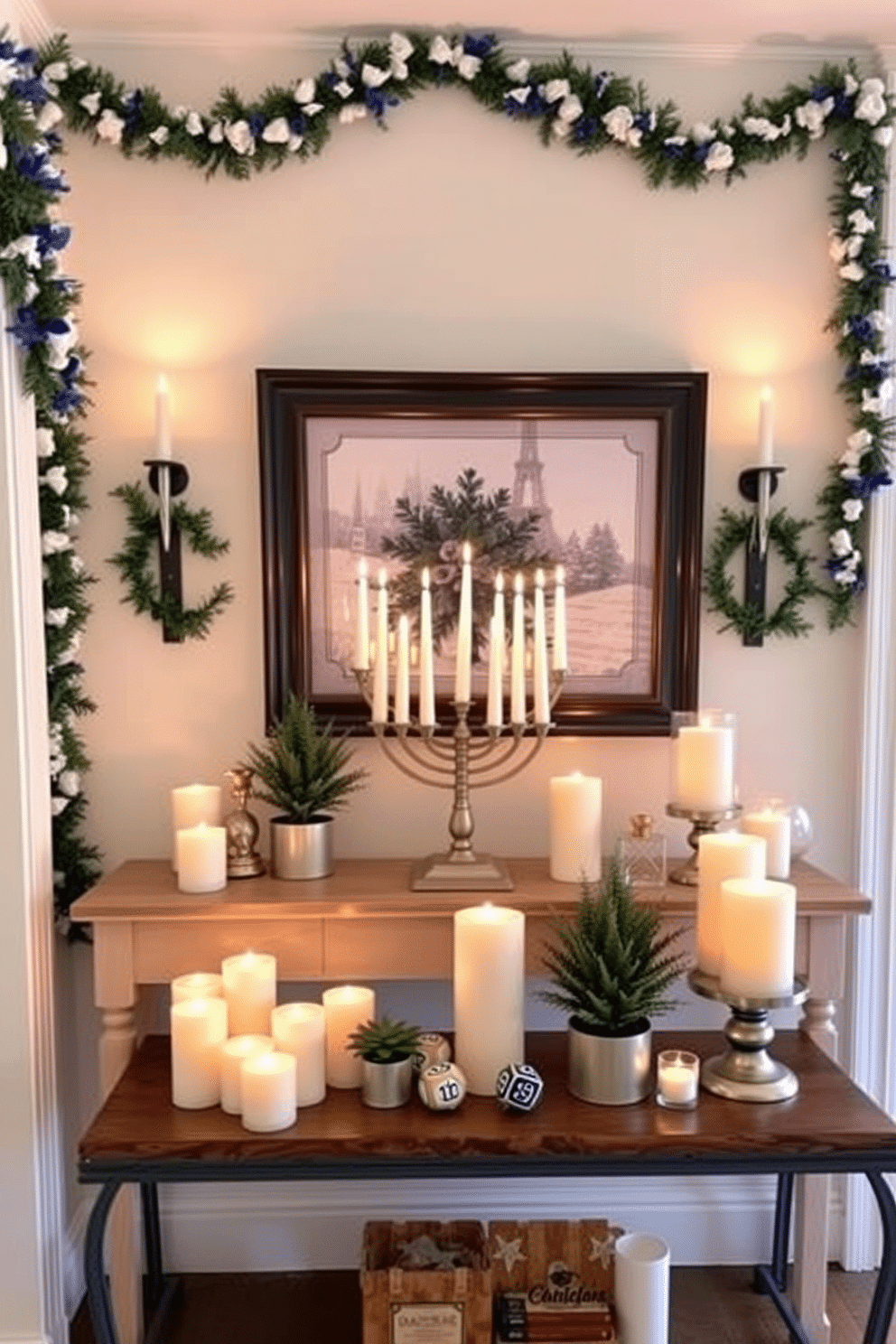 A cozy entryway adorned for Hanukkah features a beautiful console table topped with an array of scented candles in festive fragrances like cinnamon and pine. The walls are decorated with blue and white garlands, and a menorah sits prominently on the table, surrounded by decorative dreidels and small potted plants.