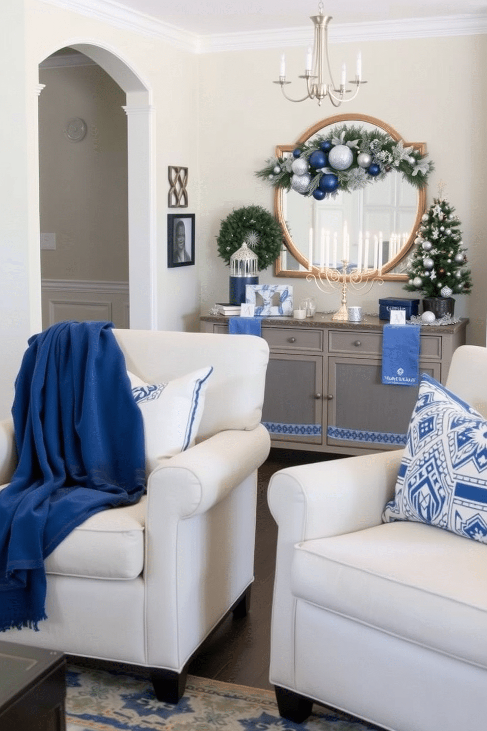 A cozy living room featuring blue and white throw blankets draped elegantly over plush armchairs. The blankets add a touch of warmth and style, complementing the neutral tones of the room's decor. An inviting entryway adorned with festive Hanukkah decorations, including a beautifully lit menorah on a console table. The space is enhanced by blue and silver accents, creating a welcoming atmosphere for holiday gatherings.