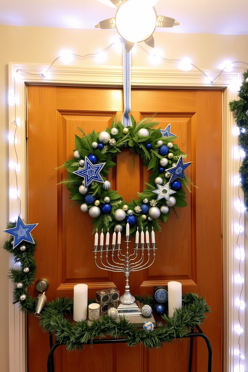 A festive Hanukkah-themed door wreath adorned with blue and silver stars, featuring a mix of fresh greens and decorative ornaments. The wreath hangs prominently on a warm wooden door, welcoming guests into a beautifully decorated entryway. The entryway is enhanced with soft blue and white string lights, casting a gentle glow throughout the space. A decorative table displays a menorah and a collection of dreidels, surrounded by festive garlands and candles, creating a warm and inviting atmosphere.