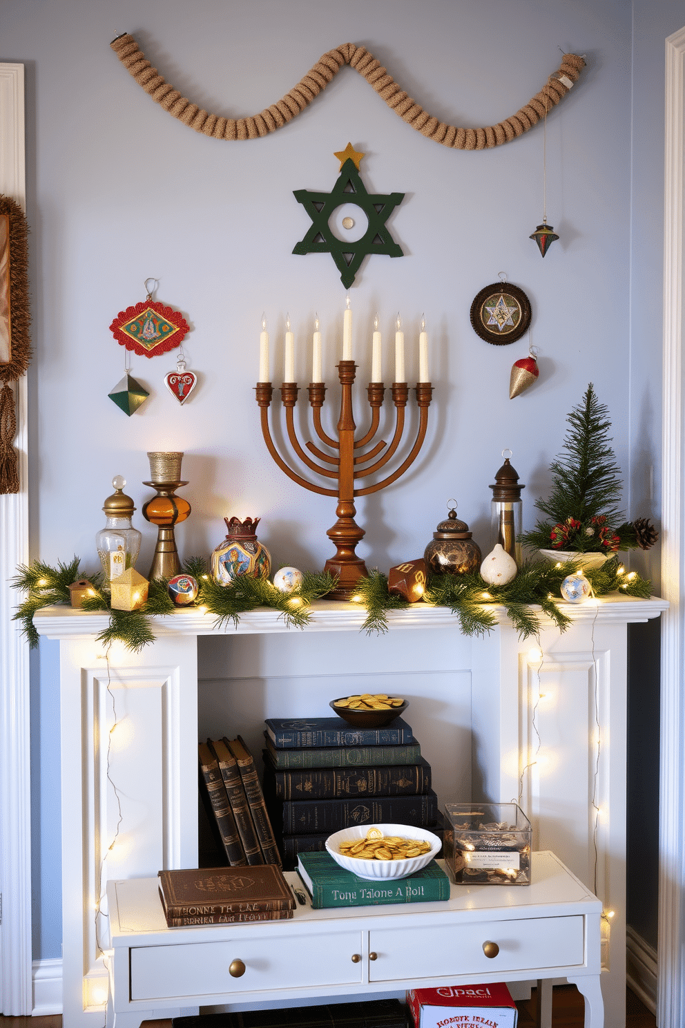 A charming entryway adorned with vintage Hanukkah decorations, featuring a beautifully crafted wooden menorah as the centerpiece. Surrounding the menorah are colorful dreidels and decorative glass ornaments, all set against a backdrop of soft blue walls. To enhance the festive spirit, a garland of twinkling fairy lights drapes gracefully along the entryway table. On the table, a collection of antique Hanukkah books and a bowl of gelt add a warm and inviting touch to the space.