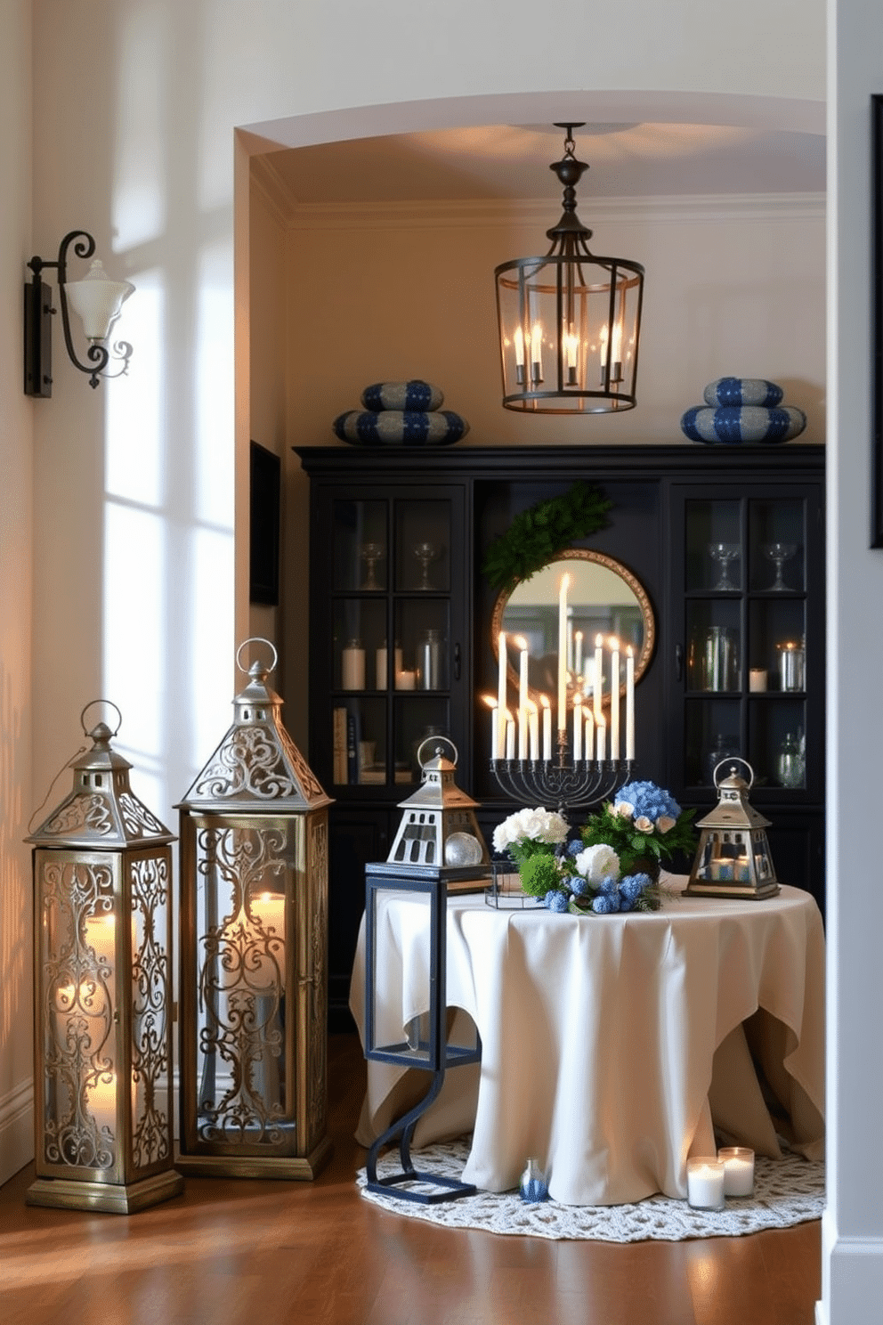 Charming lanterns with glowing candles create a warm and inviting atmosphere in the entryway. The lanterns are crafted from aged metal, featuring intricate cut-out designs that cast beautiful shadows on the walls. For Hanukkah decorating ideas, consider incorporating blue and silver accents throughout the space. A beautifully arranged table with a menorah at the center, surrounded by festive decorations, enhances the celebratory spirit of the holiday.