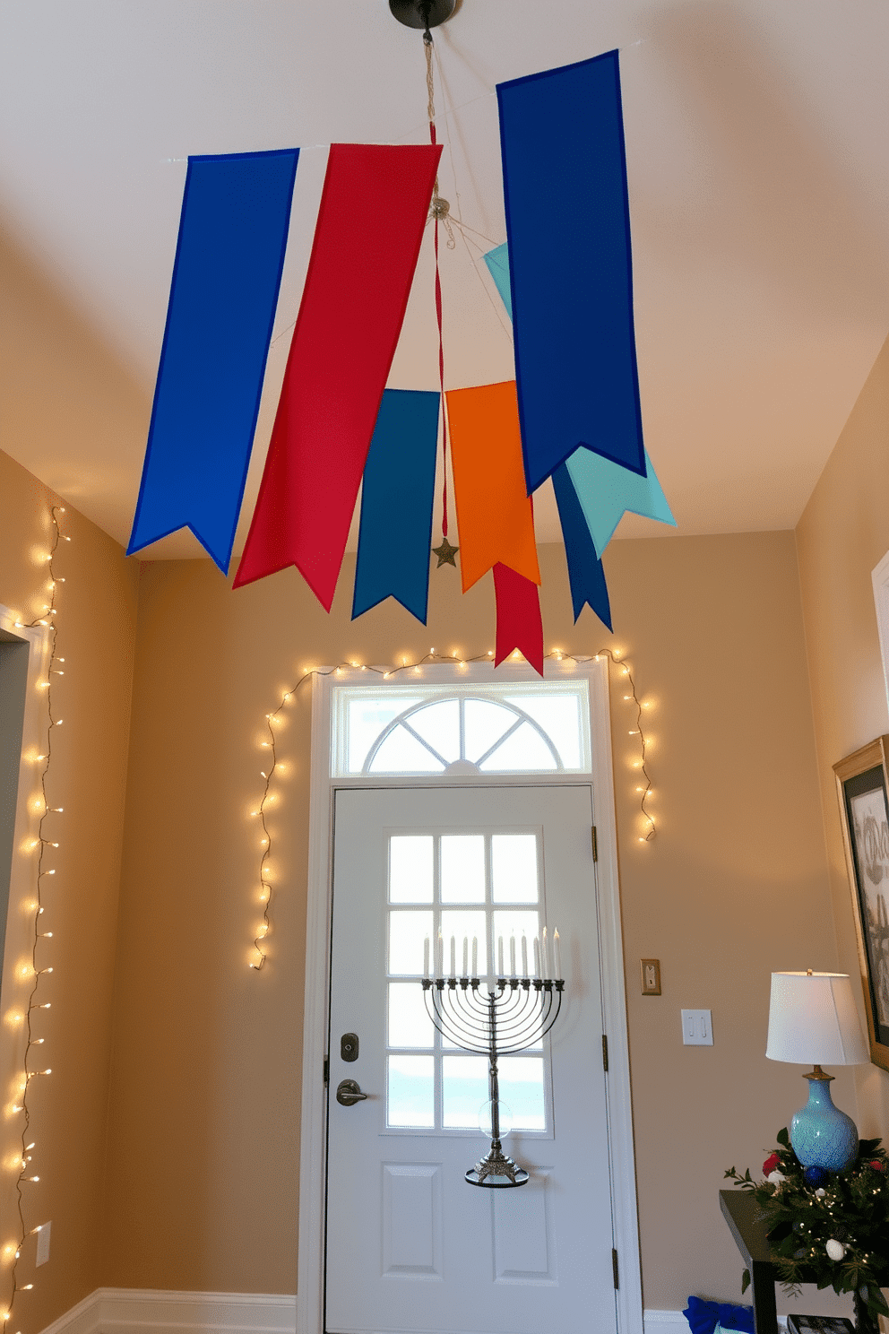 Colorful Hanukkah banners hang gracefully above a welcoming entryway, creating a festive atmosphere. The walls are adorned with twinkling fairy lights, and a beautifully arranged menorah sits on a side table, adding warmth and charm to the space.