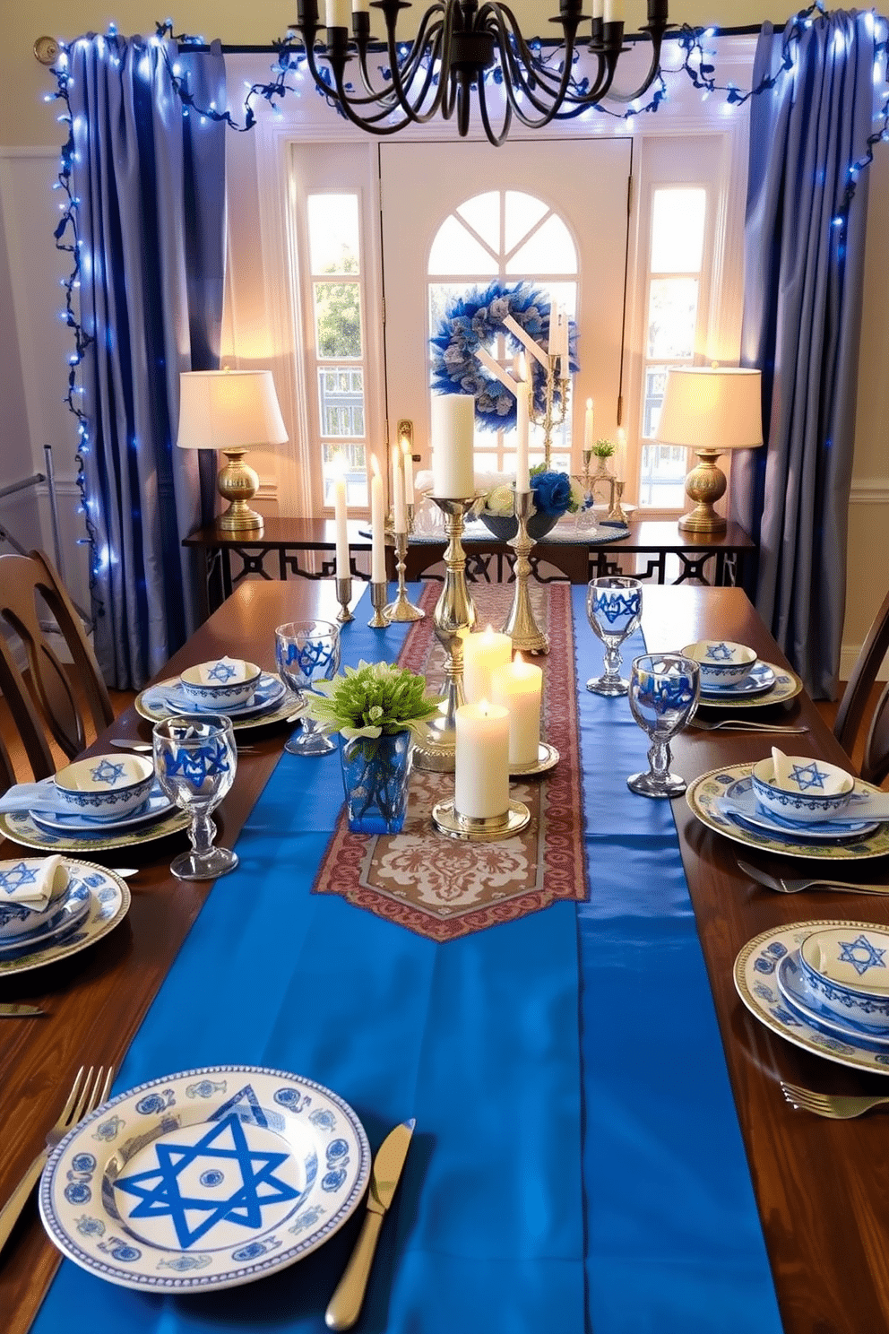 A festive table setting adorned with themed dishes features a beautifully arranged table with a vibrant blue and silver color palette. Elegant menorahs and decorative dreidels complement the festive atmosphere, while each place setting includes plates with intricate designs that celebrate the holiday. For the entryway, Hanukkah decorating ideas include a welcoming display of garlands made from blue and white lights. A decorative table holds a stylish arrangement of candles and a festive runner, creating an inviting atmosphere for guests celebrating the season.