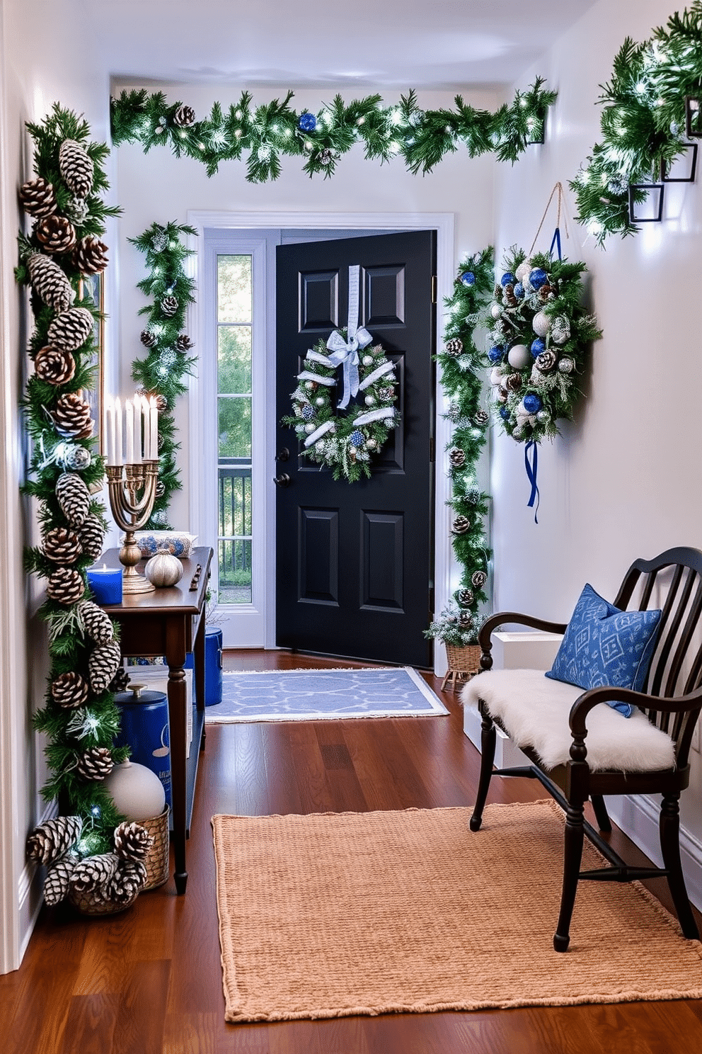 A cozy entryway adorned for Hanukkah features a beautiful arrangement of pinecones dusted with snow spray, creating a whimsical winter atmosphere. The space is enhanced with blue and silver decorations, including a menorah on a console table and garlands of greenery intertwined with twinkling lights. On the floor, a soft, textured rug complements the wooden entryway, while a festive wreath made of pinecones and artificial snow hangs on the door. The walls are painted a warm white, allowing the vibrant decorations to stand out, and a small bench invites guests to sit and enjoy the seasonal decor.