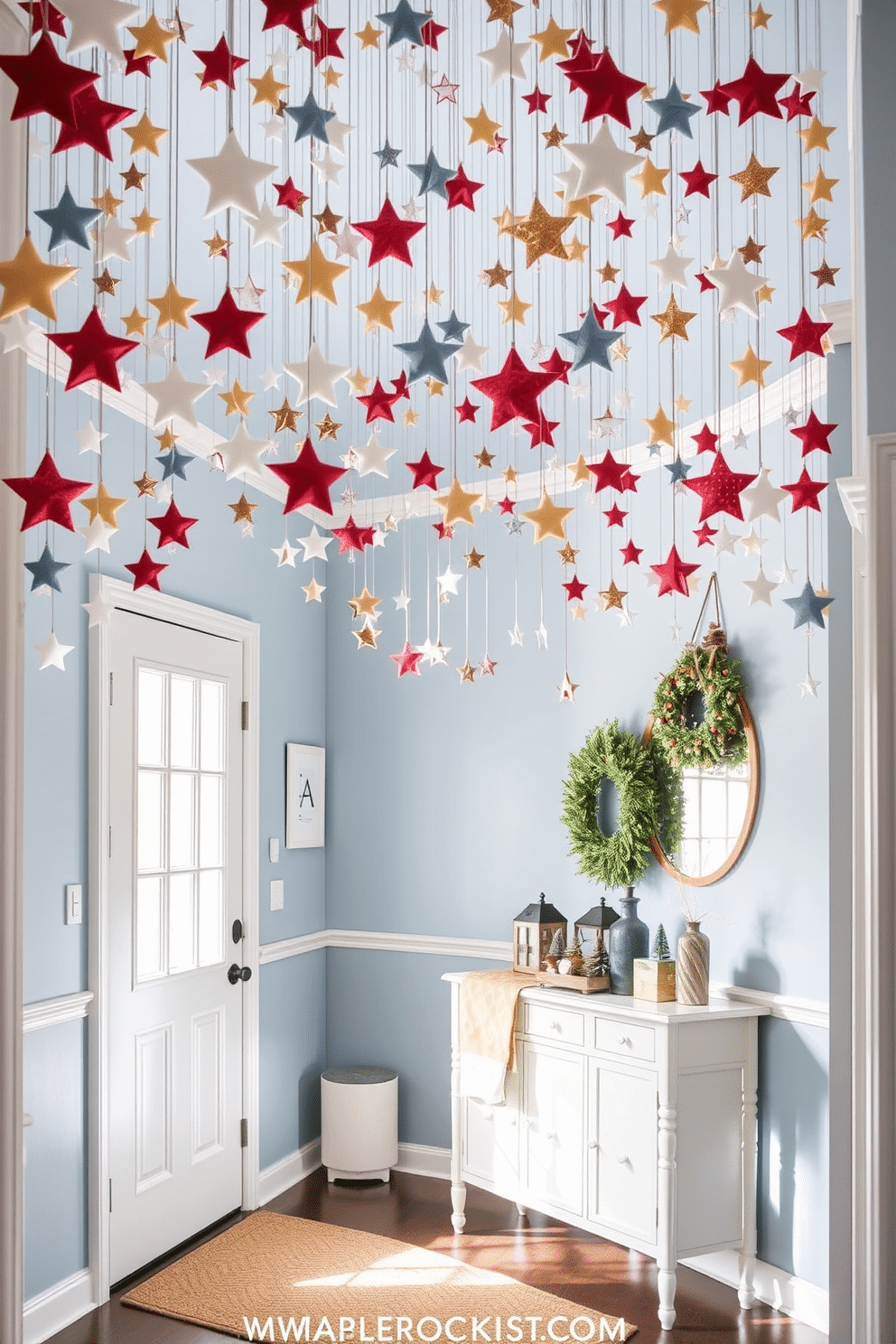 A whimsical entryway adorned with hanging felt stars cascading from the ceiling, creating a festive atmosphere. The walls are painted in a soft blue hue, and a welcoming console table is placed against one side, decorated with holiday-themed decor and a warm, inviting runner.