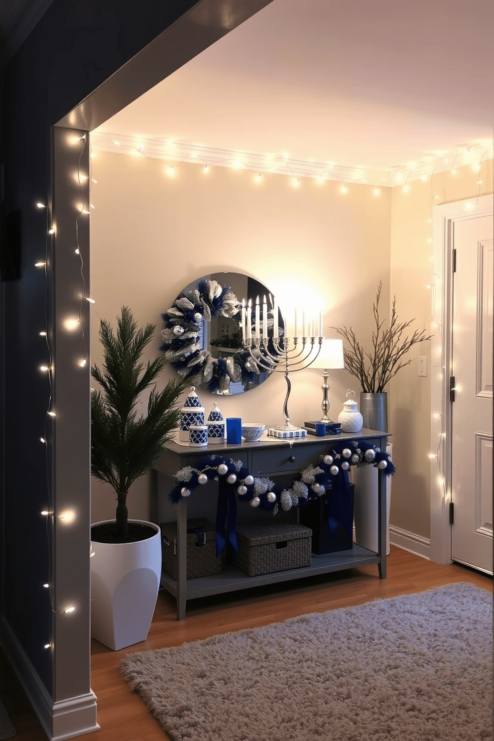 A cozy entryway adorned for Hanukkah, featuring soft lighting created by delicate string fairy lights draped along the walls and ceiling. A beautifully arranged menorah sits on a console table, surrounded by festive blue and silver decorations, while a plush area rug adds warmth to the space.