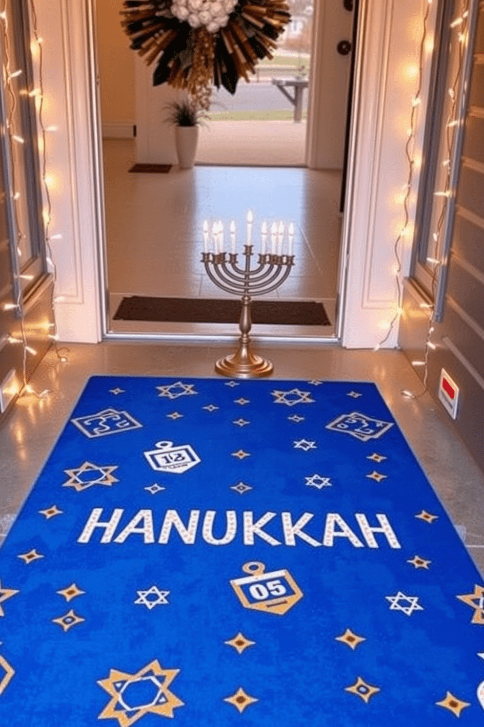 A festive Hanukkah-themed welcome mat greets guests at the entrance, featuring a vibrant blue background adorned with silver dreidels and golden Stars of David. Flanking the mat, the entryway is decorated with twinkling string lights and a menorah placed on a small table, creating a warm and inviting atmosphere.