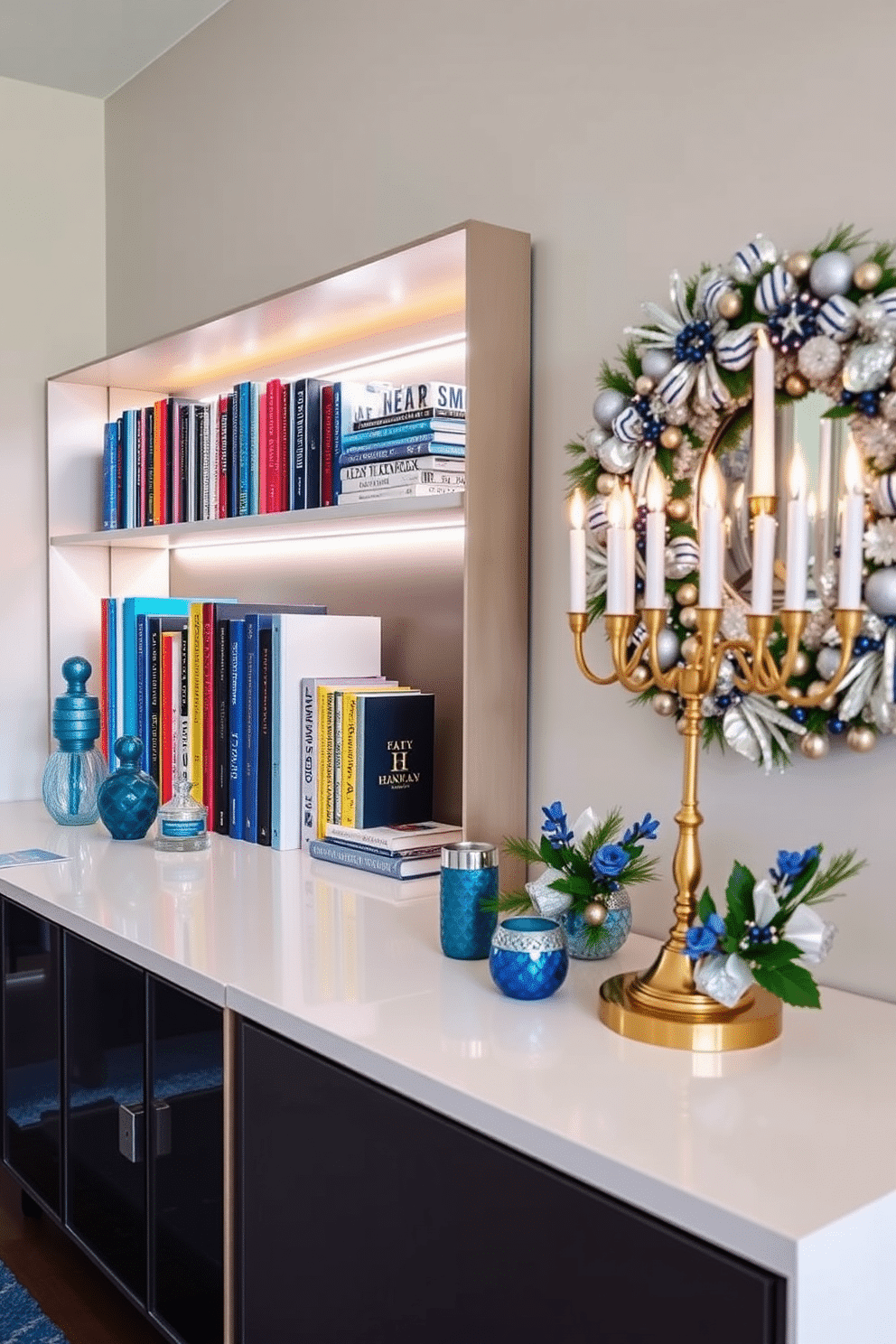 An artistic display of Hanukkah books is arranged on a sleek, modern bookshelf, showcasing a variety of titles in vibrant colors. Soft, warm lighting highlights the spines of the books, creating an inviting atmosphere that celebrates the spirit of the holiday. The entryway features elegant Hanukkah decorating ideas, including a beautifully adorned menorah positioned on a console table. Surrounding the menorah are decorative elements such as blue and silver accents, along with a festive wreath that incorporates traditional symbols of the season.