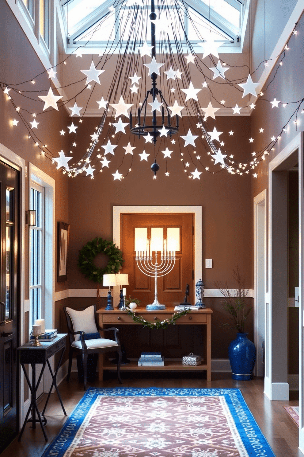 A warm and inviting entryway adorned with star-shaped string lights casting a soft glow overhead. The space is decorated with festive Hanukkah elements, including a beautiful menorah on a console table and a vibrant blue and white color scheme throughout.