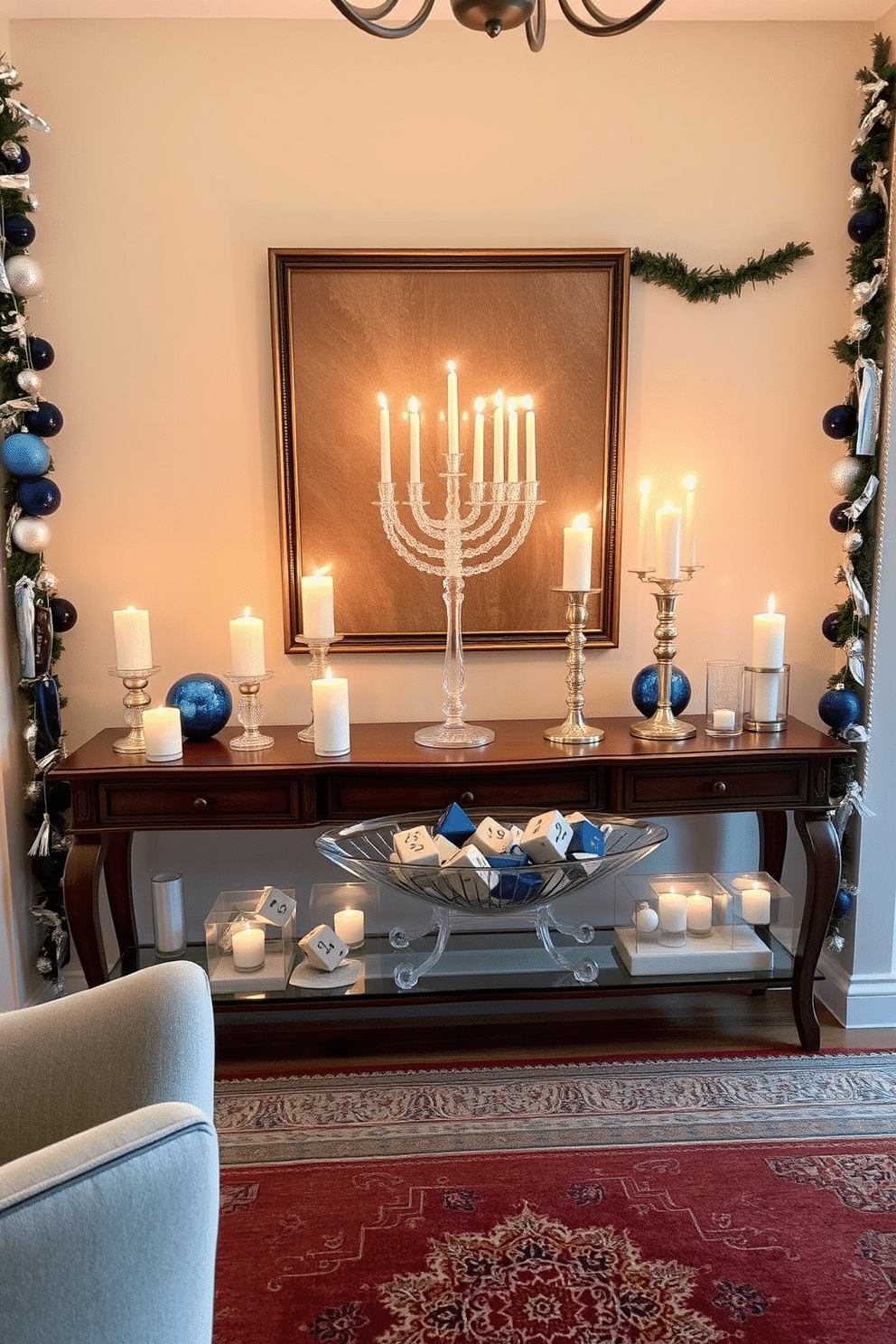 A warm and inviting entryway adorned for Hanukkah features a collection of pillar candles in elegant glass holders, casting a soft glow. The candles are arranged on a beautifully crafted wooden console table, surrounded by festive decorations like blue and silver ornaments and a delicate menorah. The walls are draped with shimmering garlands, and a cozy rug in rich hues welcomes guests. A decorative bowl filled with dreidels and gelt sits at the center of the table, adding a playful touch to the sophisticated decor.