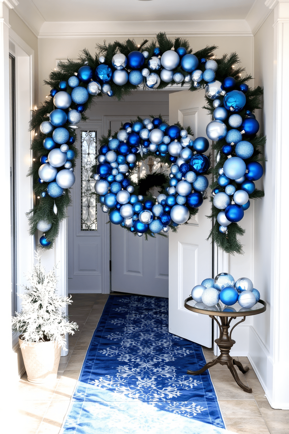 A stunning entryway adorned with a wreath made of blue and silver ornaments, featuring a mix of glossy and matte finishes for added texture. The wreath is elegantly hung on a white door, complemented by a festive runner in shades of blue leading to the interior. Soft white lights twinkle around the entryway, enhancing the holiday spirit and creating a warm ambiance. A small table nearby displays a decorative bowl filled with silver and blue ornaments, inviting guests to admire the festive decor.