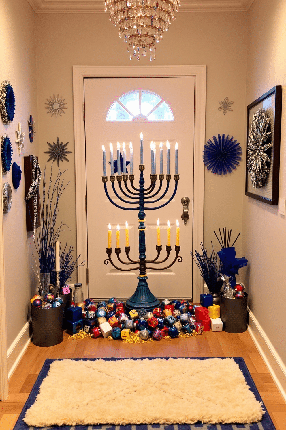 A vibrant menorah centerpiece takes center stage in the entryway, surrounded by an array of colorful dreidels and shimmering gelt. The walls are adorned with festive decorations in hues of blue and silver, while a soft rug provides warmth underfoot, inviting guests to celebrate the joy of Hanukkah.