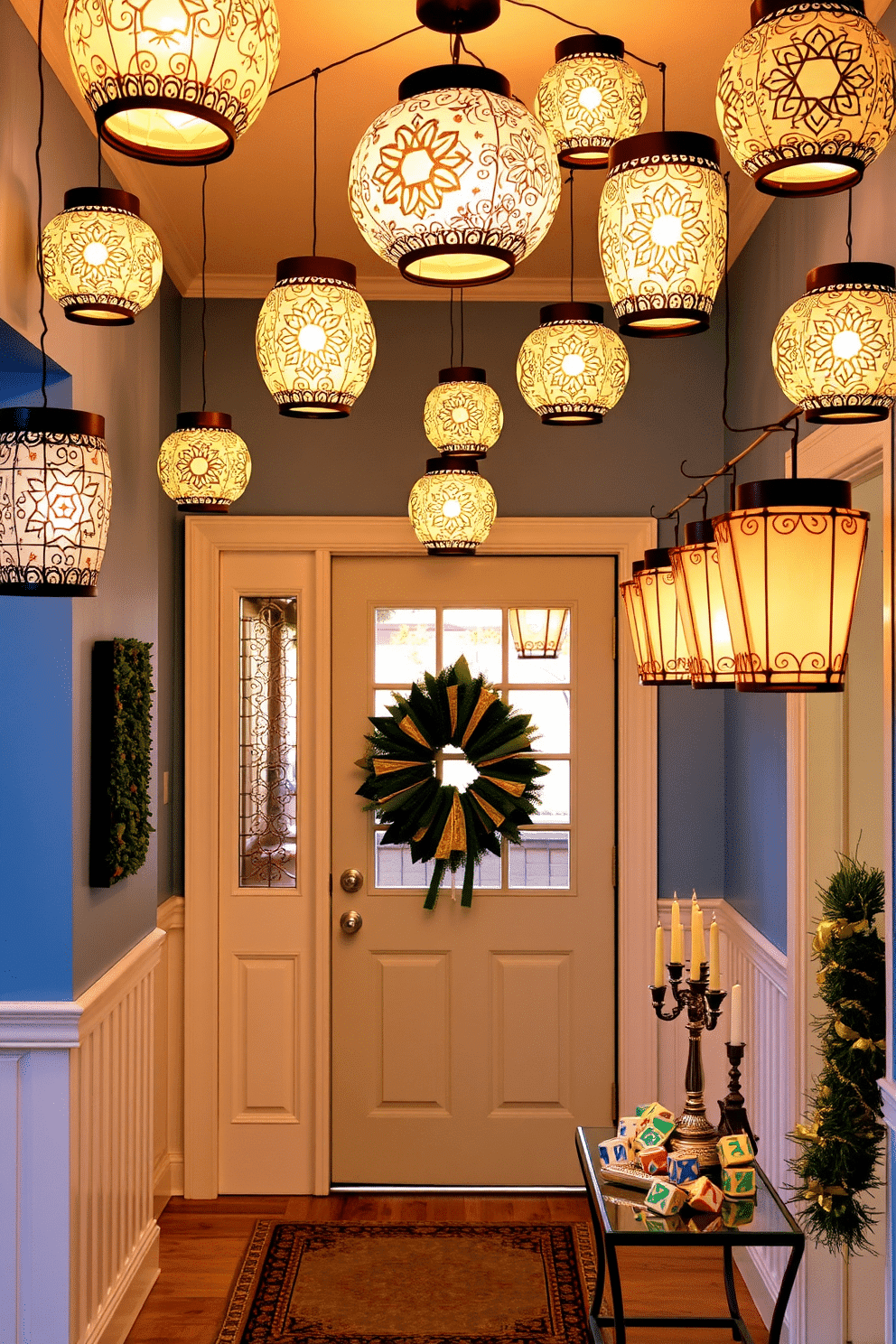 A cozy entryway adorned with hanging paper lanterns featuring intricate Hanukkah motifs, casting a warm glow throughout the space. The walls are painted a soft blue, complementing the festive decorations, while a small table holds a decorative menorah surrounded by colorful dreidels.