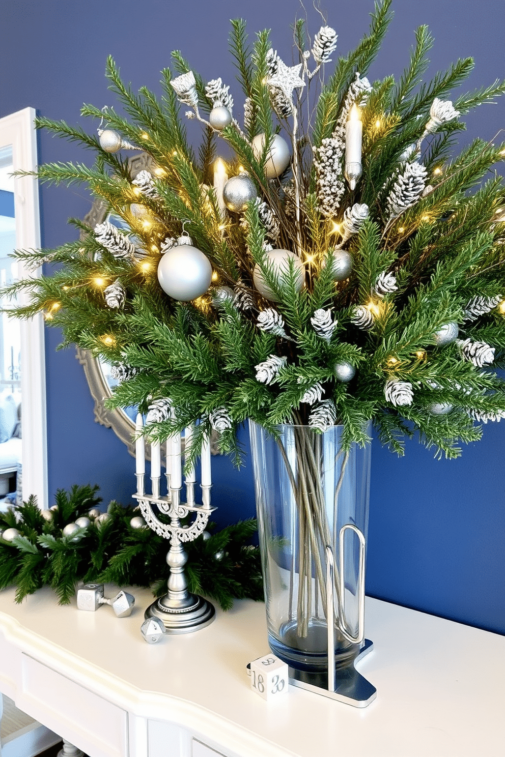 Winter greenery with silver accents. A lush arrangement of evergreen branches is elegantly displayed in a large glass vase, adorned with shimmering silver ornaments and twinkling fairy lights. Entryway Hanukkah Decorating Ideas. The entryway features a beautiful blue and white color scheme, with a menorah placed on a console table, surrounded by decorative dreidels and a festive garland of winter greenery.