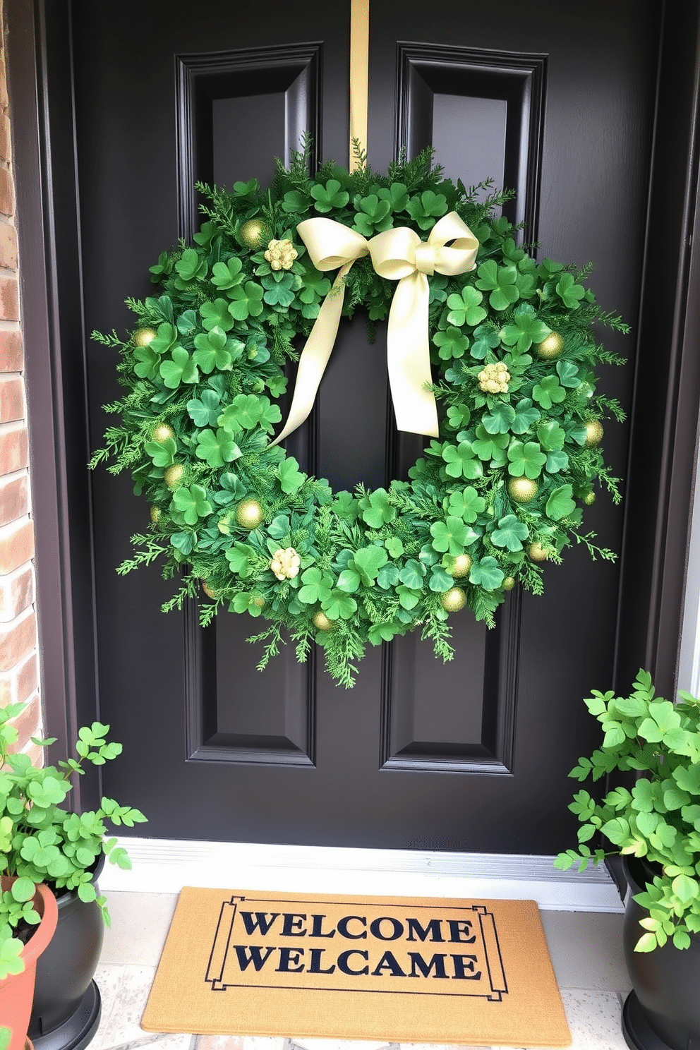 A charming entryway adorned for St. Patrick's Day features a lush green wreath embellished with vibrant shamrocks and elegant gold accents. The door is flanked by potted plants, while a welcoming mat lays beneath, inviting guests into a festive atmosphere.