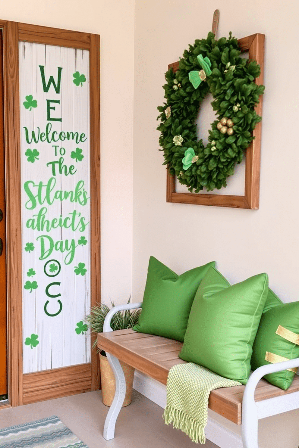 A charming St. Patrick's Day welcome sign greets guests at the entryway, featuring vibrant green lettering and whimsical shamrock designs. The sign is adorned with a rustic wooden frame, complemented by a backdrop of soft, pastel colors that evoke the spirit of spring. The entryway is decorated with cheerful St. Patrick's Day accents, including a large green wreath embellished with gold accents and small leprechaun figurines. A cozy bench is placed against the wall, topped with green and gold throw pillows, creating an inviting space for guests to feel the festive spirit.