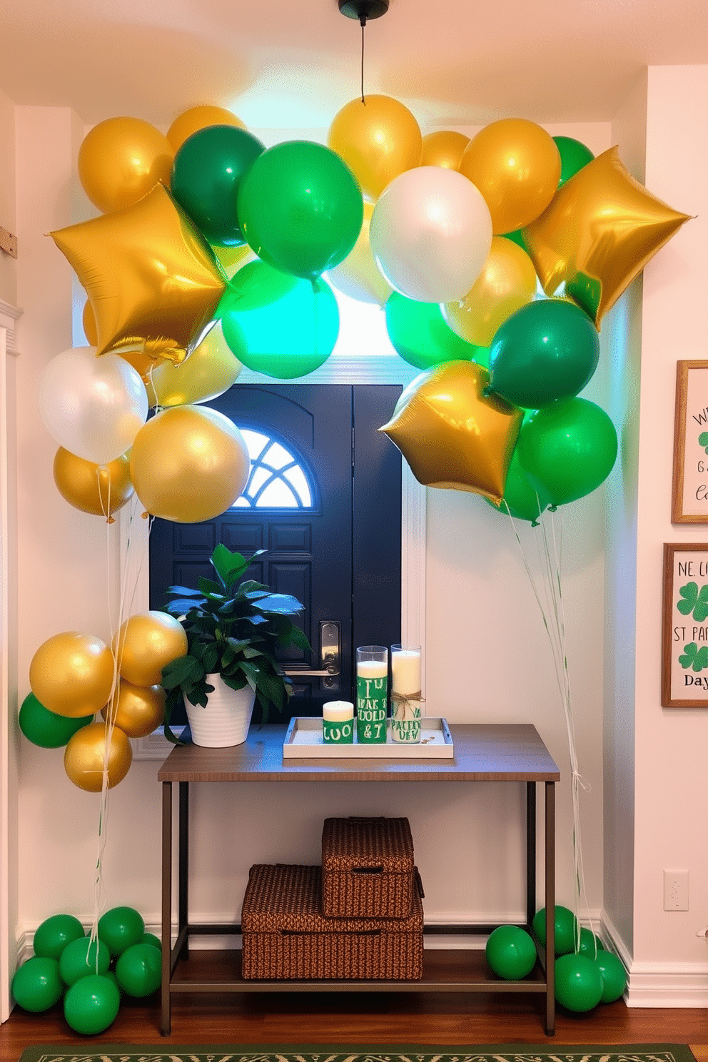 A vibrant entryway adorned with an array of gold and green balloons, creating a festive atmosphere for St. Patrick's Day. The balloons are artfully arranged at varying heights, with some floating gracefully above a welcoming console table. On the table, a decorative tray holds green and gold-themed candles, while a lush green plant adds a touch of freshness. The walls are embellished with playful St. Patrick's Day-themed artwork, enhancing the cheerful ambiance of the space.