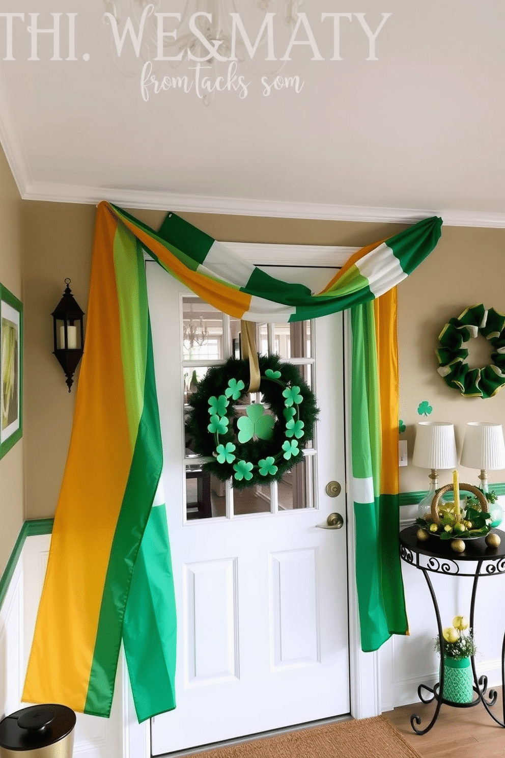 A festive entryway adorned with Irish flag bunting that drapes gracefully across the doorframe, creating a vibrant welcome for guests. The walls are decorated with green and gold accents, complemented by a charming wreath made of shamrocks and a small table featuring a collection of St. Patrick's Day decorations.