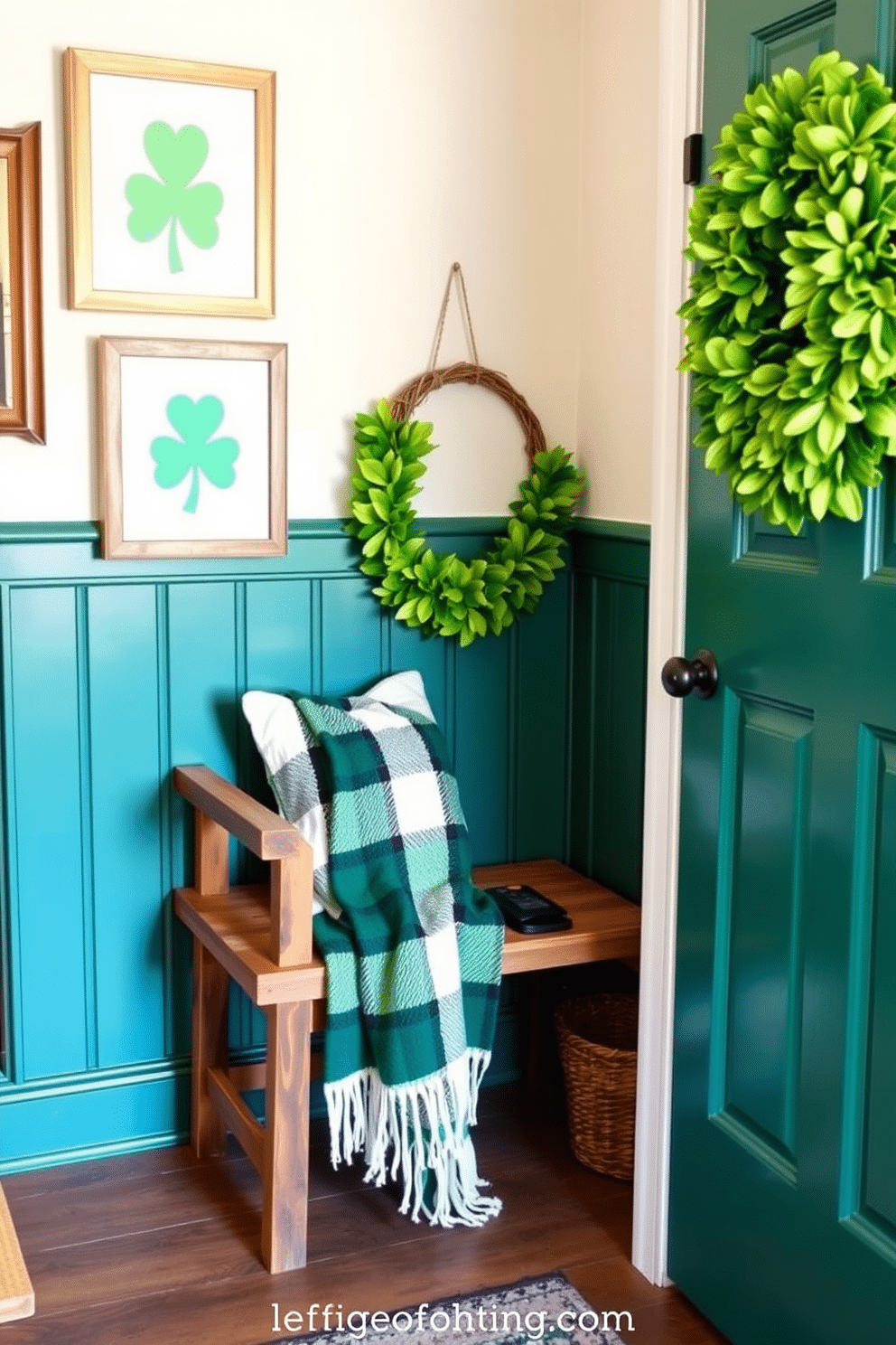 A cozy entryway adorned for St. Patrick's Day features a green plaid throw blanket draped over a rustic wooden bench. The walls are decorated with framed shamrock art, and a cheerful wreath made of green foliage hangs on the door.