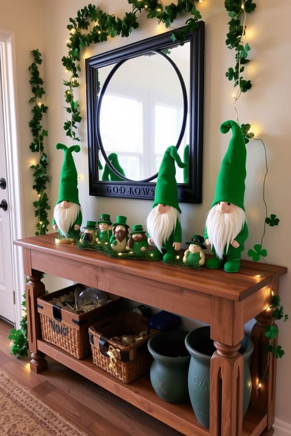 A charming entryway adorned for St. Patrick's Day features whimsical leprechaun gnome figurines, each dressed in vibrant green attire with playful hats. The gnomes are strategically placed on a rustic wooden console table, surrounded by festive decorations like shamrock garlands and twinkling fairy lights.