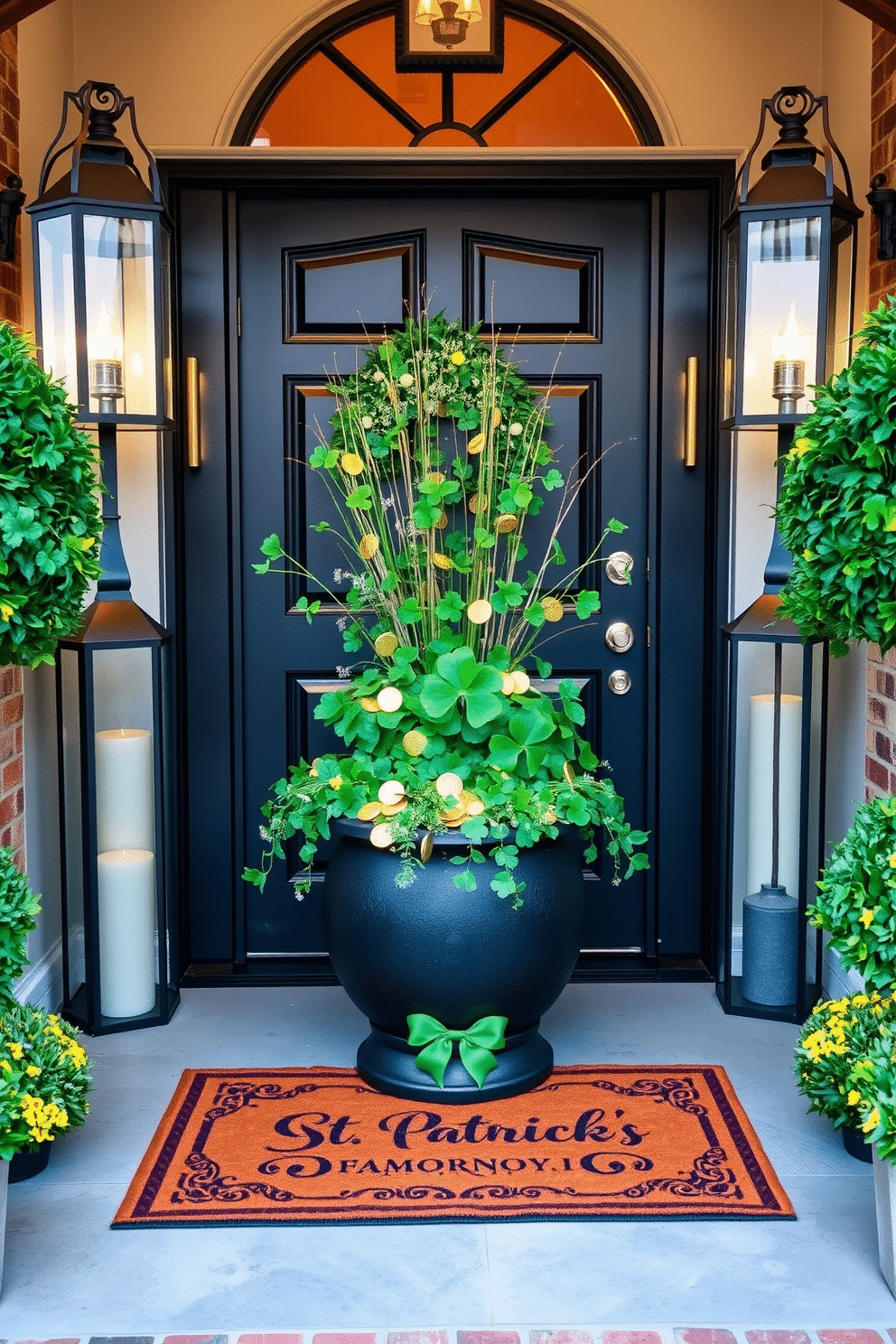 A stunning entryway adorned for St. Patrick's Day features a pot of gold centerpiece, overflowing with vibrant green shamrocks and golden coins. Flanking the pot, elegant lanterns cast a warm glow, while a charming welcome mat adds a festive touch to the space.