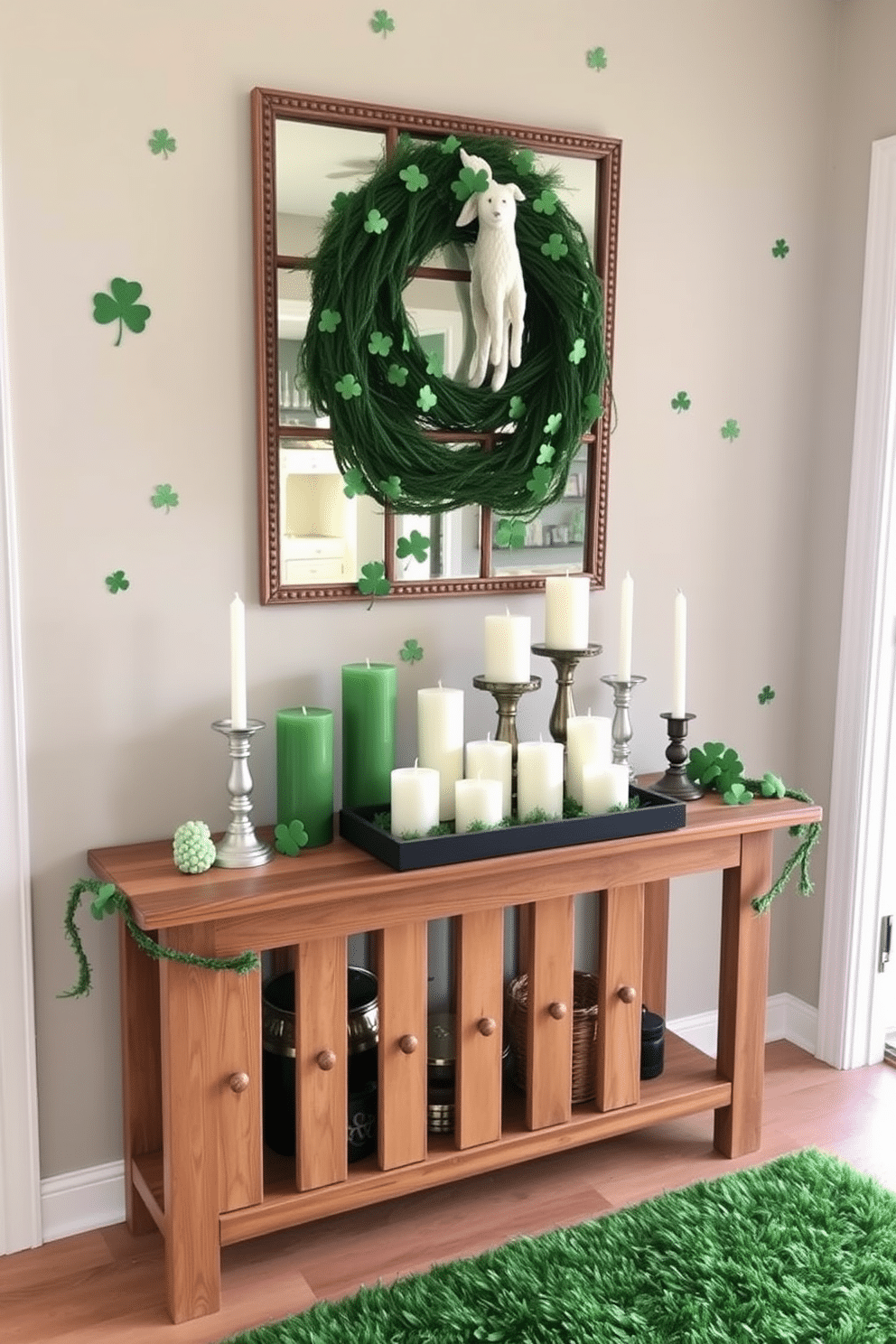 A charming entryway adorned for St. Patrick's Day, featuring an array of green and white candles arranged on a rustic wooden console table. The walls are decorated with subtle shamrock motifs, while a cozy green rug welcomes guests at the door.