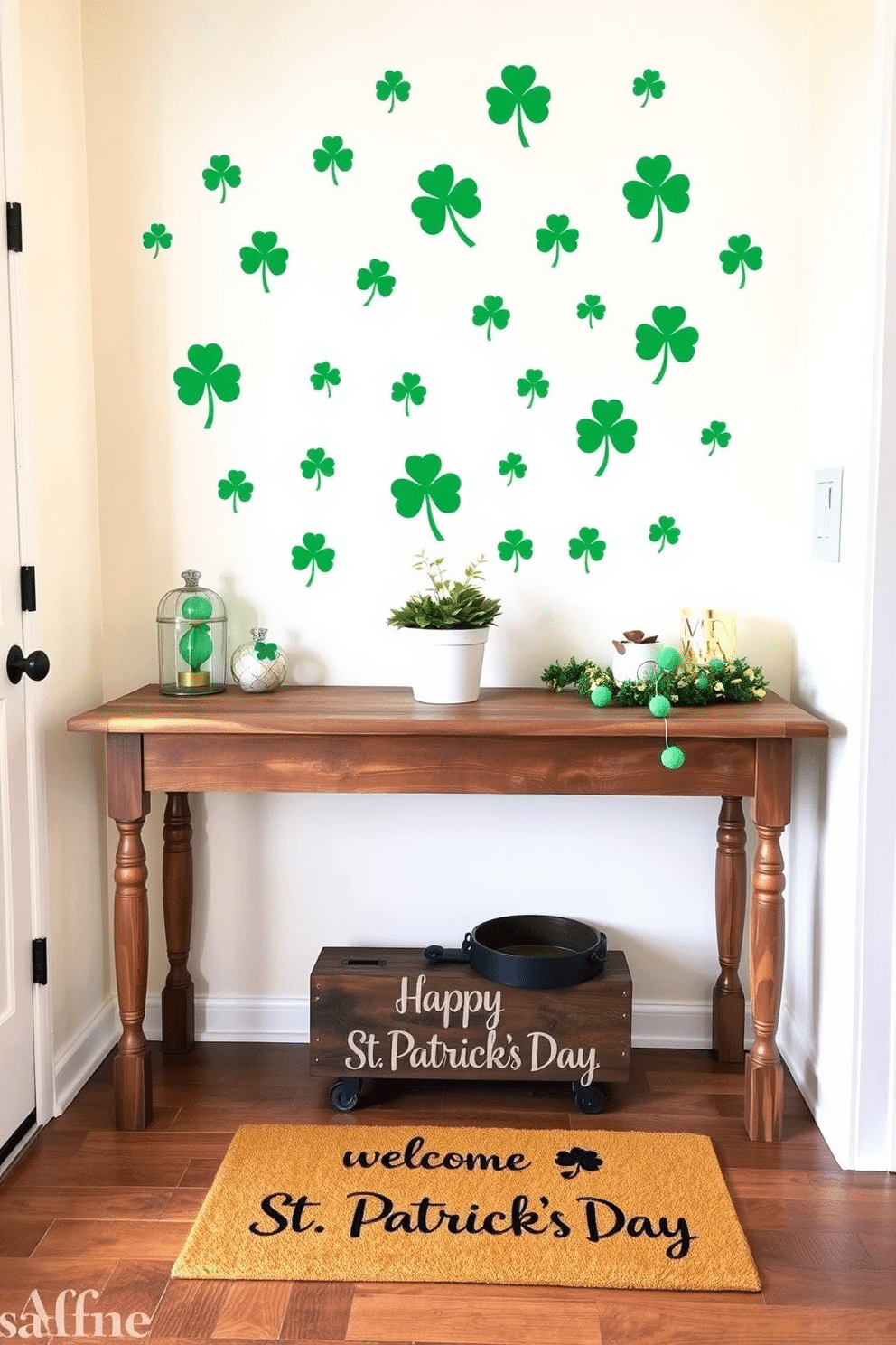 A charming entryway adorned with vibrant shamrock wall decals creates a festive atmosphere for St. Patrick's Day. The decals are arranged in a playful pattern on a soft cream wall, complementing a rustic wooden console table below. On the table, a collection of green and gold decorative items, including a small potted plant and a festive garland, adds to the seasonal cheer. A welcoming doormat with a cheerful St. Patrick's Day message completes the inviting look of the entryway.