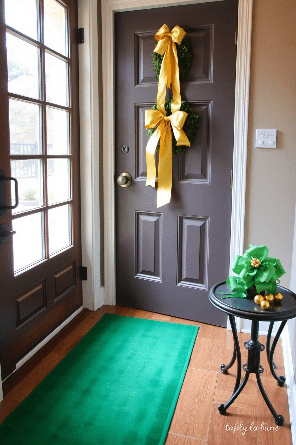 A charming entryway adorned for St. Patrick's Day, featuring a gold ribbon elegantly tied around a vintage door handle. The floor is covered with a soft, green runner, and a small table nearby displays a festive arrangement of shamrocks and gold accents.