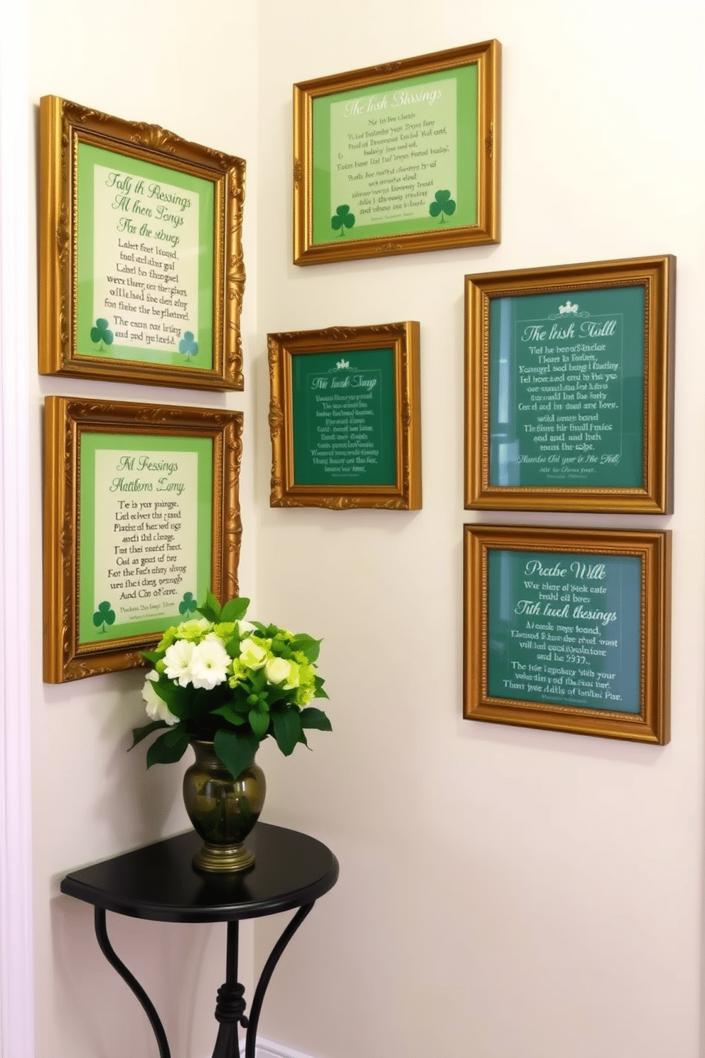 A charming entryway adorned with Irish blessings framed in ornate gold frames. The walls are painted a soft cream, and a small console table holds a decorative arrangement of green and white flowers, perfect for St. Patrick's Day.