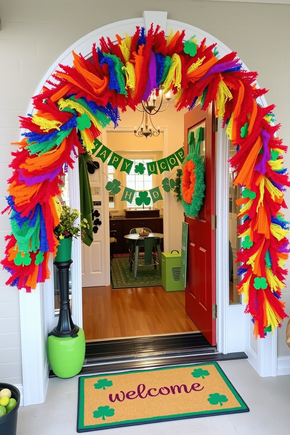 A vibrant rainbow garland is draped elegantly around the door frame, creating a cheerful and inviting atmosphere. The colorful strands feature an array of hues, from deep red to bright violet, celebrating the spirit of St. Patrick's Day. In the entryway, green accents are incorporated through shamrock decorations and festive banners, enhancing the holiday theme. A welcoming mat with a playful design complements the garland, setting the tone for a festive celebration.