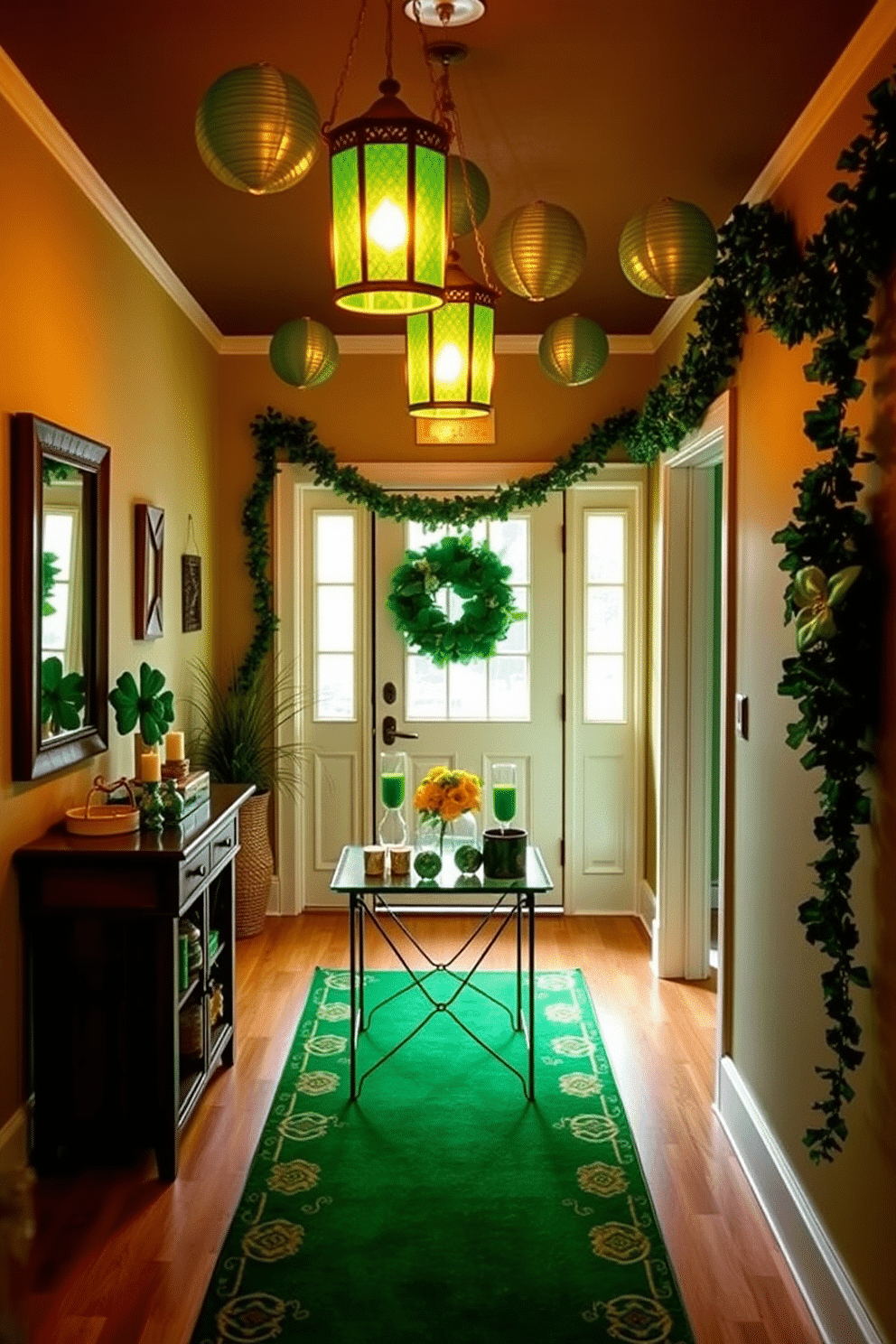 A charming entryway adorned for St. Patrick's Day features green and gold lanterns hanging from the ceiling, casting a warm glow. The floor is covered with a vibrant green rug, while a small table displays festive decorations like shamrock centerpieces and gold accents.