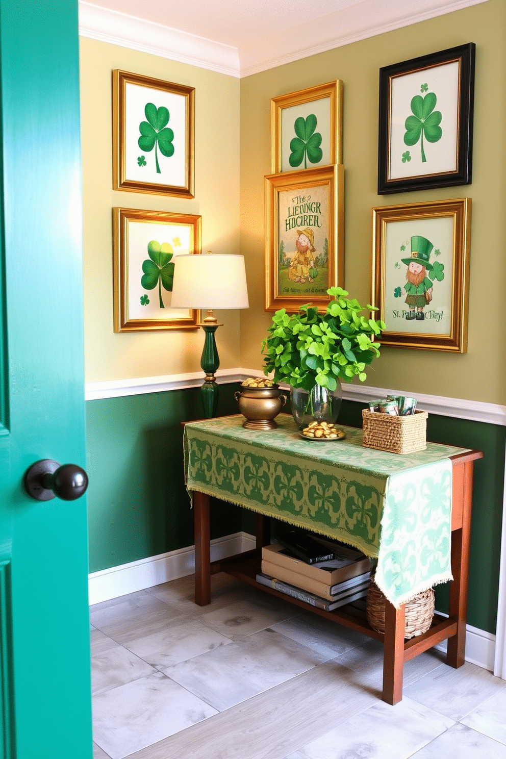 A vibrant entryway adorned with St. Patrick's Day themed artwork. The walls are decorated with framed prints of shamrocks and leprechauns, complemented by a cheerful green and gold color palette. A welcoming console table is adorned with a festive runner featuring Celtic patterns. On top of the table, a collection of decorative items like a small pot of gold and a vase of fresh green flowers create a lively atmosphere.