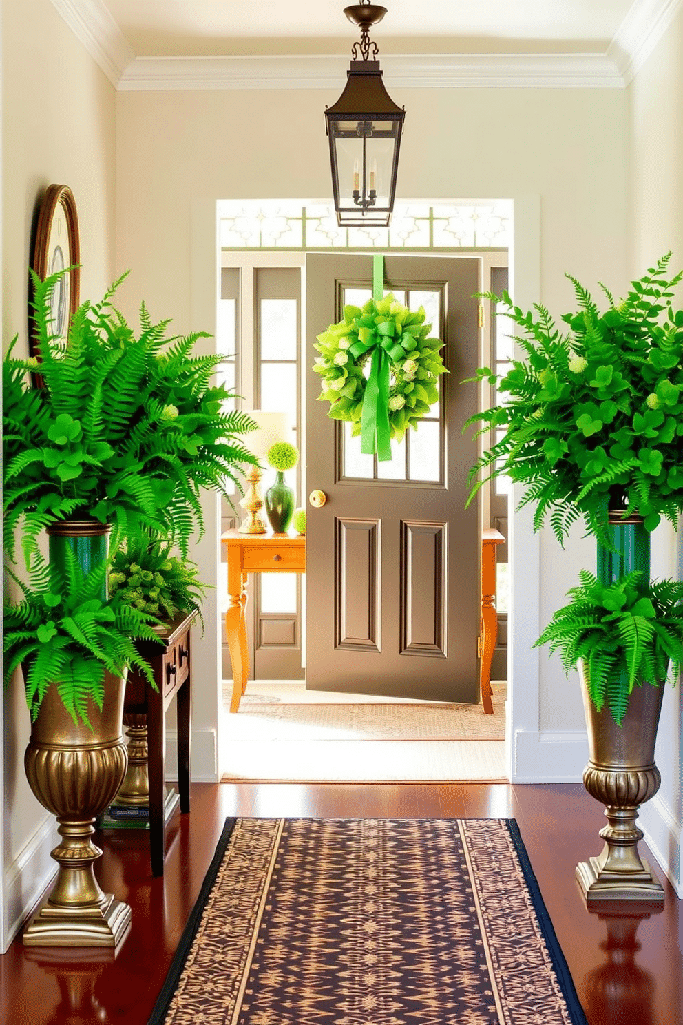 A vibrant entryway adorned with lush green floral arrangements, featuring a mix of ferns and shamrocks in elegant vases. The space is enhanced by a welcoming wooden console table decorated with seasonal accents and a cheerful St. Patrick's Day wreath on the door. The walls are painted in a soft cream color, creating a bright backdrop for the greenery. A patterned runner leads guests into the home, complemented by subtle gold accents in the decor.