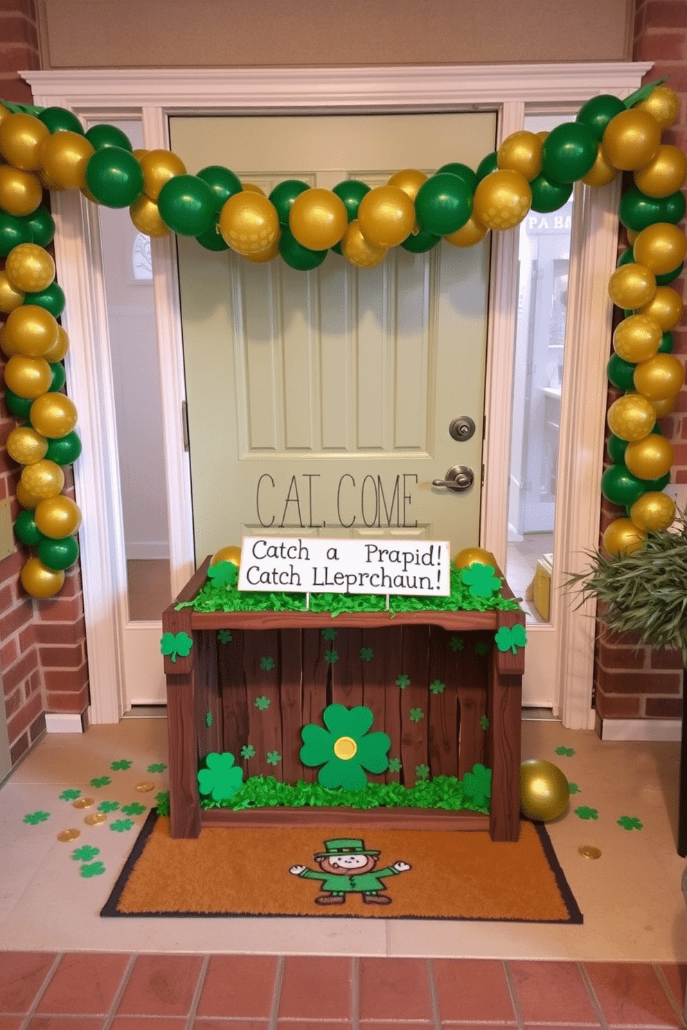 A whimsical leprechaun trap display sits at the entrance, crafted from a rustic wooden box adorned with green shamrocks and gold coins scattered around. Above the trap, a cheerful sign reads 