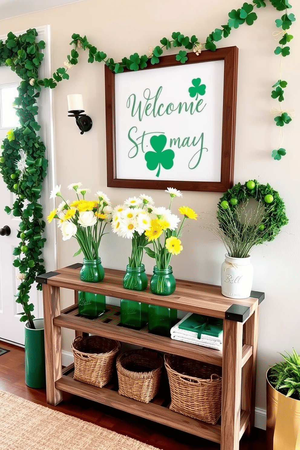 A charming entryway adorned for St. Patrick's Day features a rustic wooden console table topped with green mason jars filled with fresh white and yellow flowers. The walls are decorated with festive green and gold accents, including garlands of shamrocks and a welcoming sign that celebrates the holiday spirit.