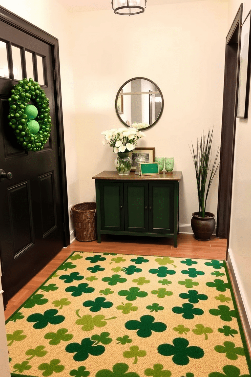 A charming entryway adorned with a shamrock patterned rug that welcomes guests with festive cheer. The walls are painted a soft cream, and a small console table is decorated with green accents, including a vase of fresh white daisies and a few St. Patrick's Day themed decorations.