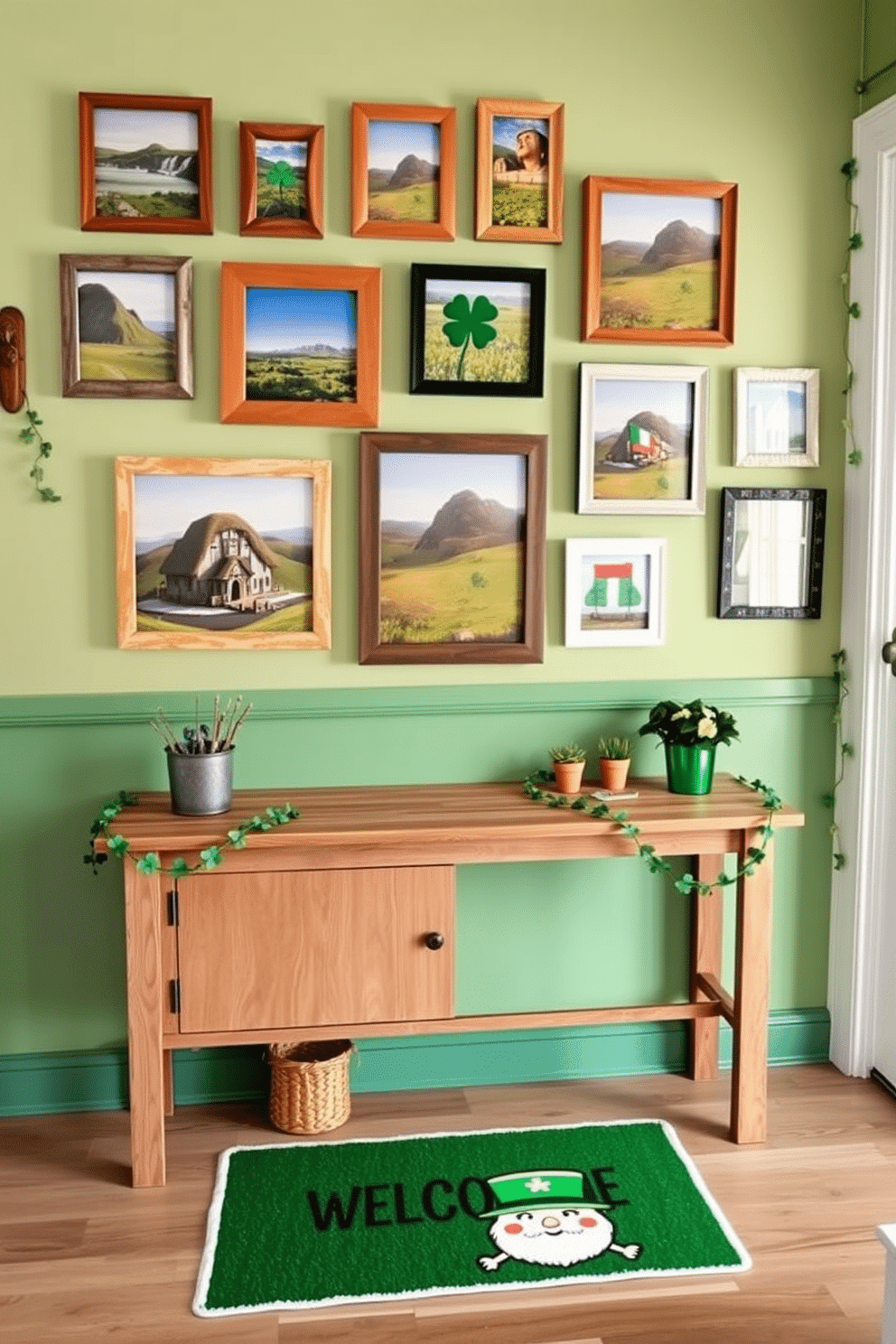 A charming entryway adorned with Irish-themed photo frames that showcase scenic landscapes and iconic symbols of Ireland. The frames are arranged in a cohesive gallery wall, complemented by a soft green accent wall and a rustic wooden console table below. For St. Patrick's Day, the entryway features whimsical decorations such as shamrock garlands and small potted clovers. A festive welcome mat with a playful leprechaun design lies at the threshold, inviting guests into a warm and cheerful atmosphere.