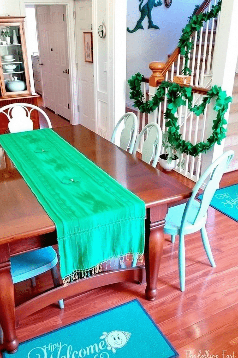 A lush green table runner stretches elegantly across a polished wooden dining table, adorned with delicate gold accents that catch the light. Surrounding the table are mismatched vintage chairs, each painted in soft pastels, creating a charming and inviting atmosphere. In the entryway, whimsical St. Patrick's Day decorations bring a festive touch, featuring a garland of shamrocks draped along the staircase banister. A cheerful welcome mat with a playful leprechaun design greets guests, setting the tone for a joyful celebration.