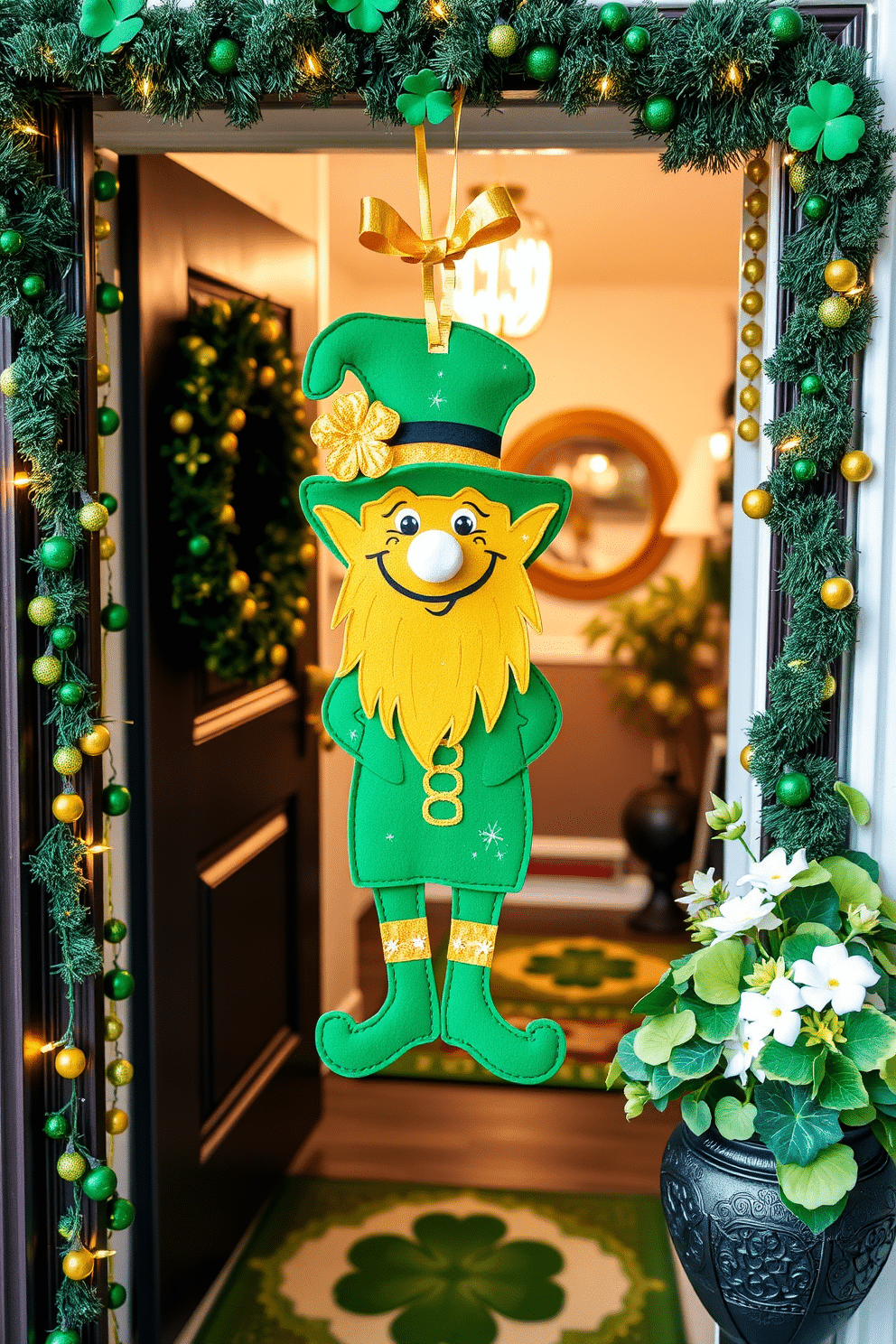 A whimsical leprechaun door hanger made of vibrant green felt, adorned with gold accents and playful embellishments. It features a cheerful leprechaun with a mischievous grin, inviting guests into a festive entryway decorated with shamrocks and twinkling fairy lights. The entryway is enhanced with a charming St. Patrick's Day theme, showcasing a welcome mat with a clover design and a garland of green and gold beads. Fresh flowers in shades of green and white are arranged in a decorative pot, adding a lively touch to the festive decor.